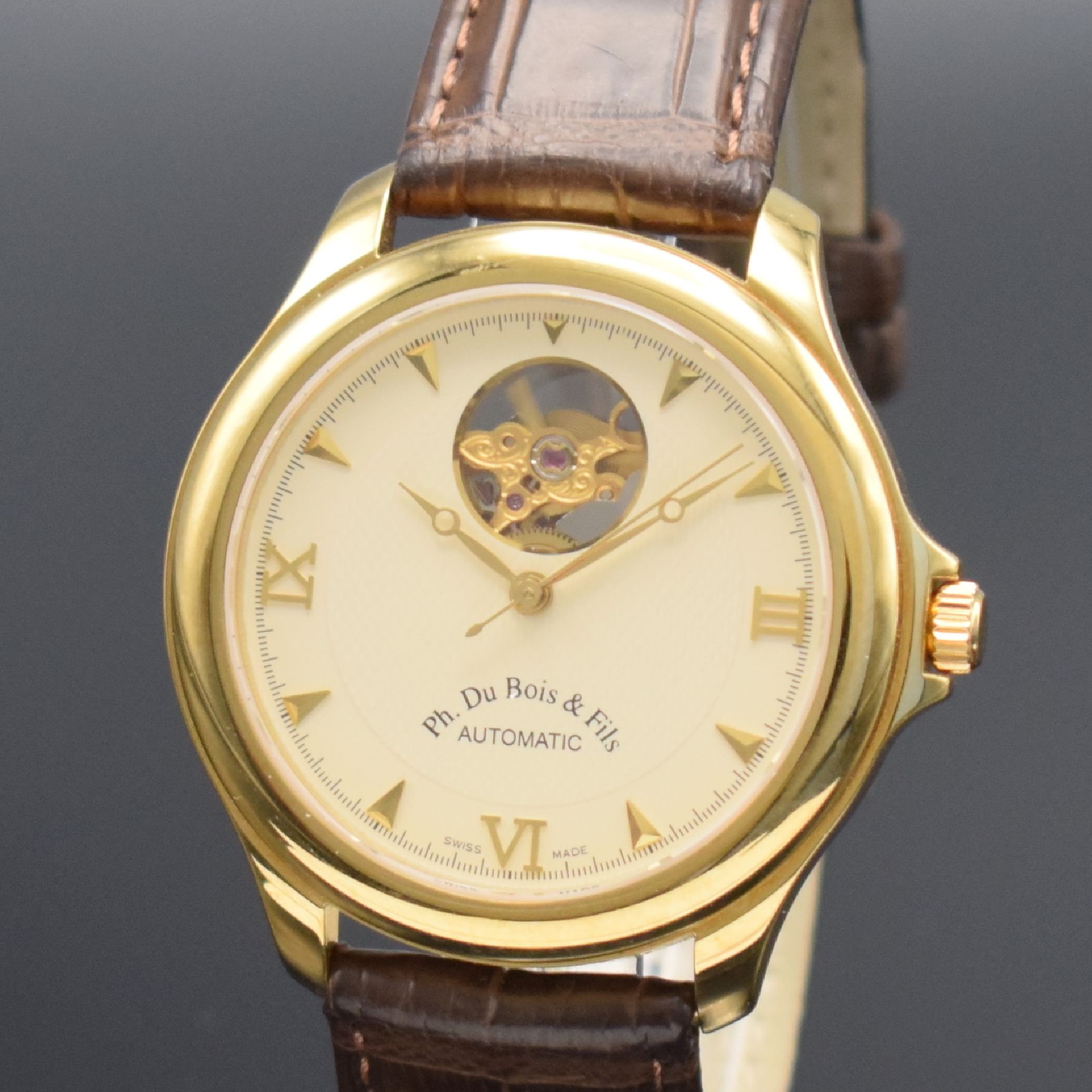 Detail c: PH. DU BOIS & FILS Herrenarmbanduhr in GG 750/000, Schweiz um 2005, Automatik, beids. vergl. Geh., Boden aufgedr., orig. Lederband m. neutr. verg. ...