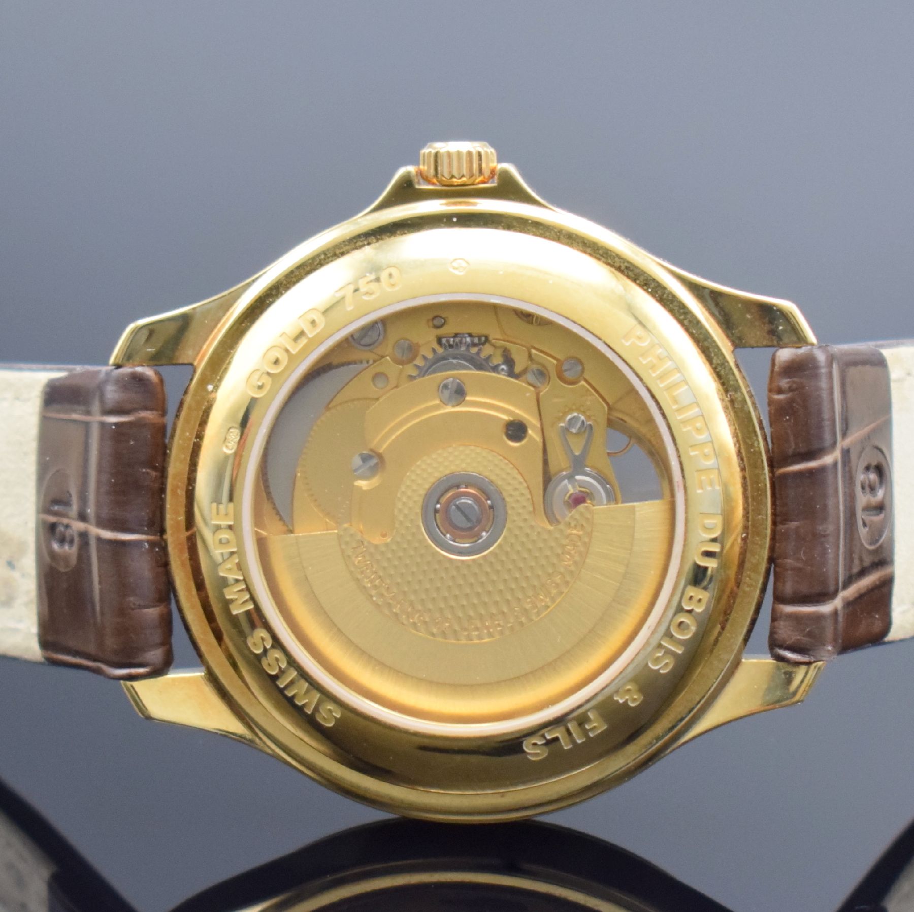 Detail d: PH. DU BOIS & FILS Herrenarmbanduhr in GG 750/000, Schweiz um 2005, Automatik, beids. vergl. Geh., Boden aufgedr., orig. Lederband m. neutr. verg. ...
