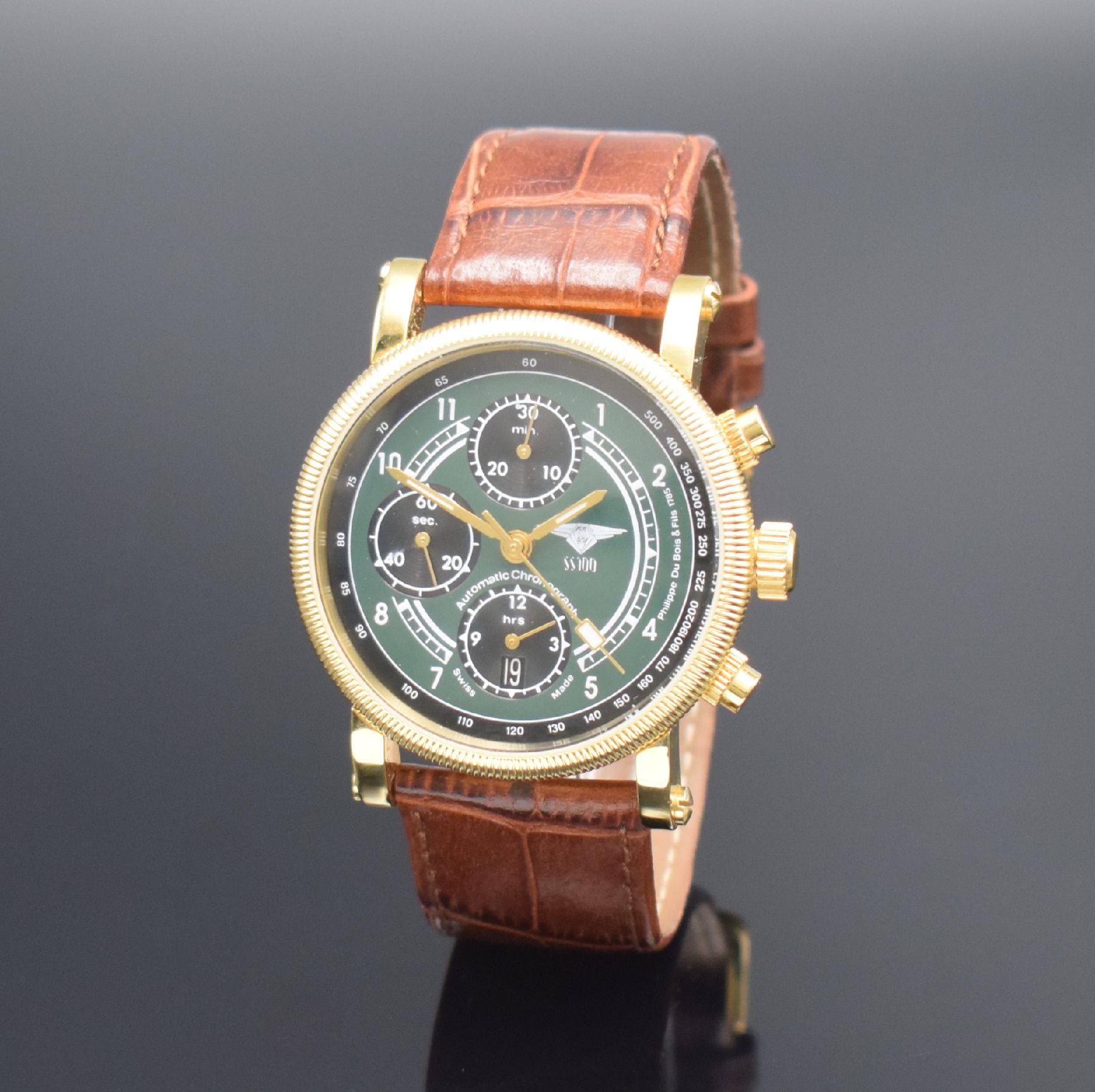 Detail b: PHILIPPE DU BOIS S.S. 100 limited Edition vergoldete Herrenarmbanduhr mit Chronograph, Schweiz um 2005, Automatik, auf 999 Stück limitiertes ...
