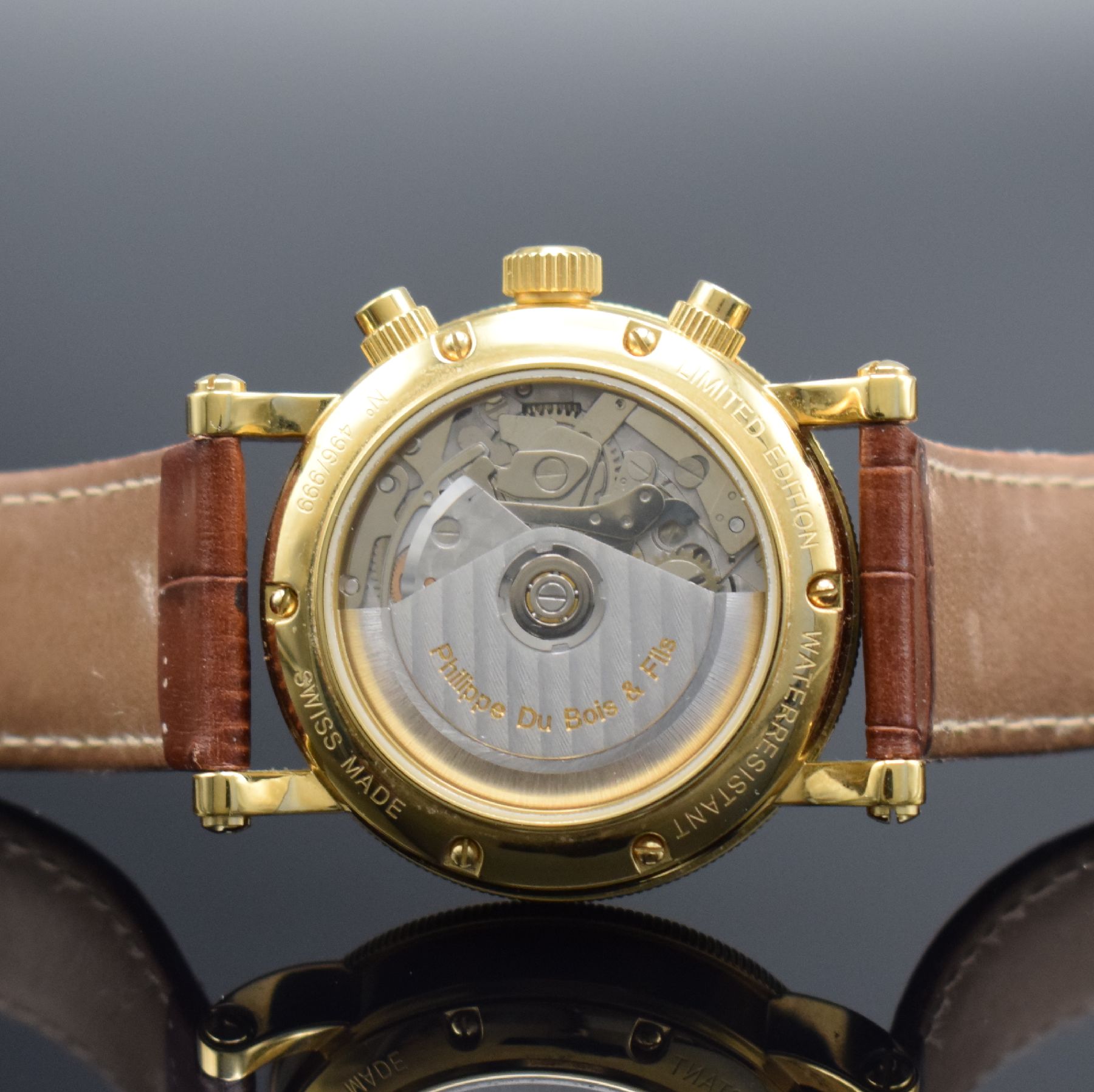 Detail d: PHILIPPE DU BOIS S.S. 100 limited Edition vergoldete Herrenarmbanduhr mit Chronograph, Schweiz um 2005, Automatik, auf 999 Stück limitiertes ...