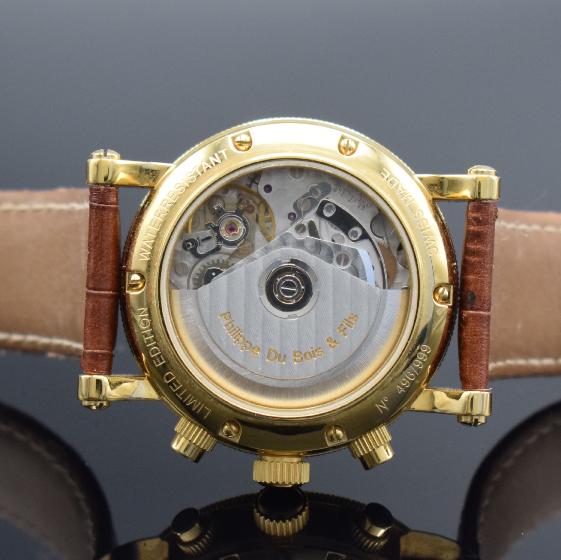 Detail e: PHILIPPE DU BOIS S.S. 100 limited Edition vergoldete Herrenarmbanduhr mit Chronograph, Schweiz um 2005, Automatik, auf 999 Stück limitiertes ...