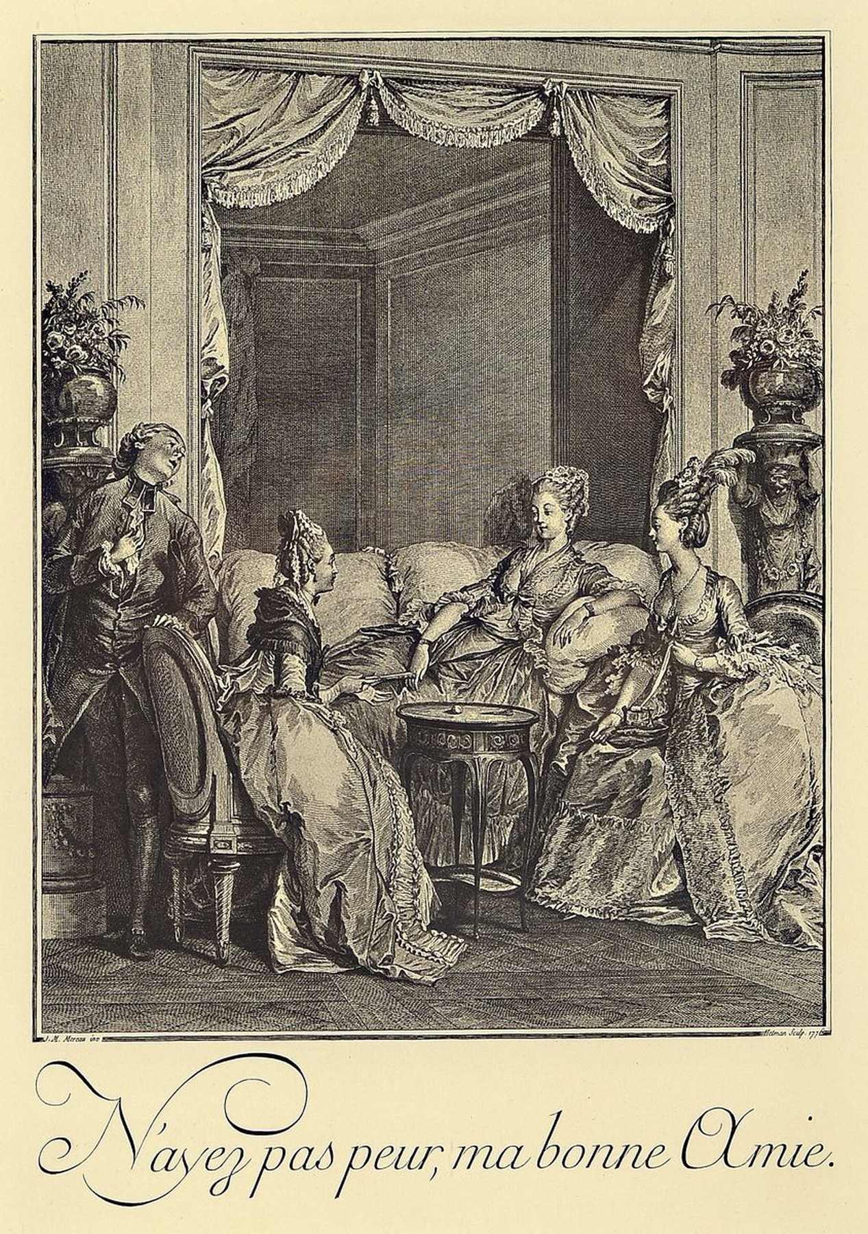 Detail a: 12 Kupferstiche, J. M. Moreau, 1776, mit verschiedenen Szenen aus dem bürgerlichen Leben des 18. Jh., Passepartout, unter Glas gerahmt, jeweils ca. ...