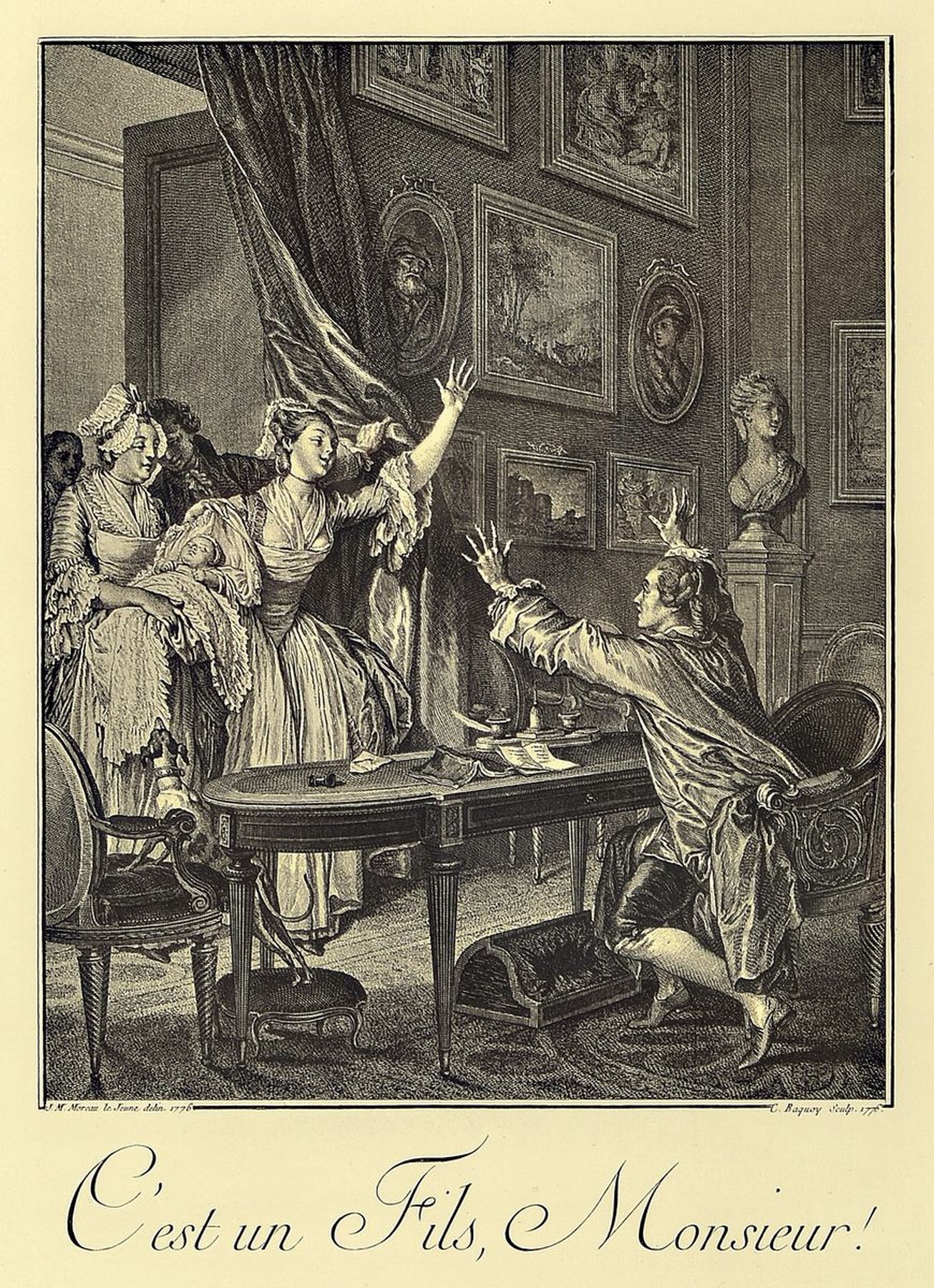 Detail b: 12 Kupferstiche, J. M. Moreau, 1776, mit verschiedenen Szenen aus dem bürgerlichen Leben des 18. Jh., Passepartout, unter Glas gerahmt, jeweils ca. ...