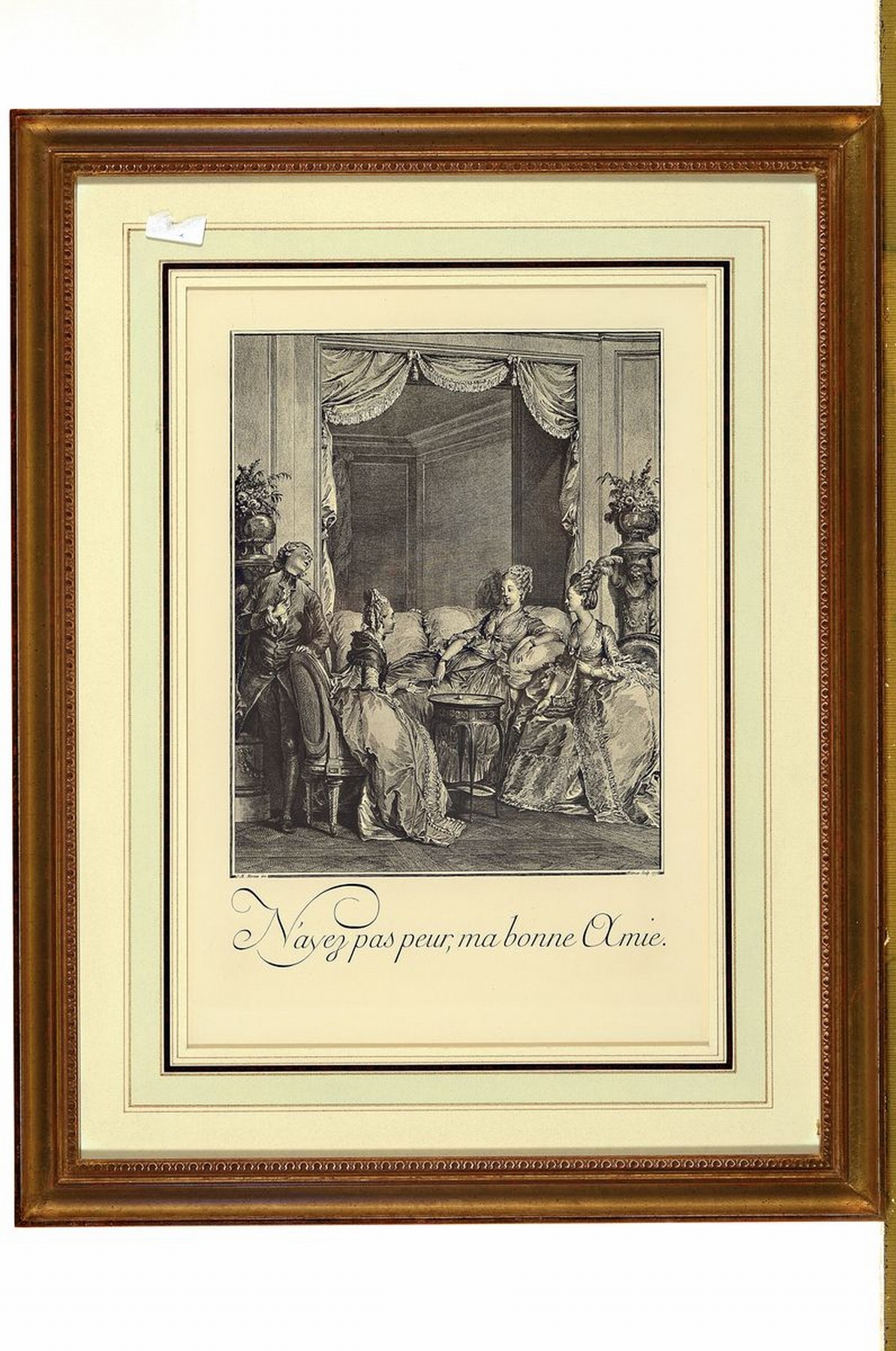 Detail l: 12 Kupferstiche, J. M. Moreau, 1776, mit verschiedenen Szenen aus dem bürgerlichen Leben des 18. Jh., Passepartout, unter Glas gerahmt, jeweils ca. ...