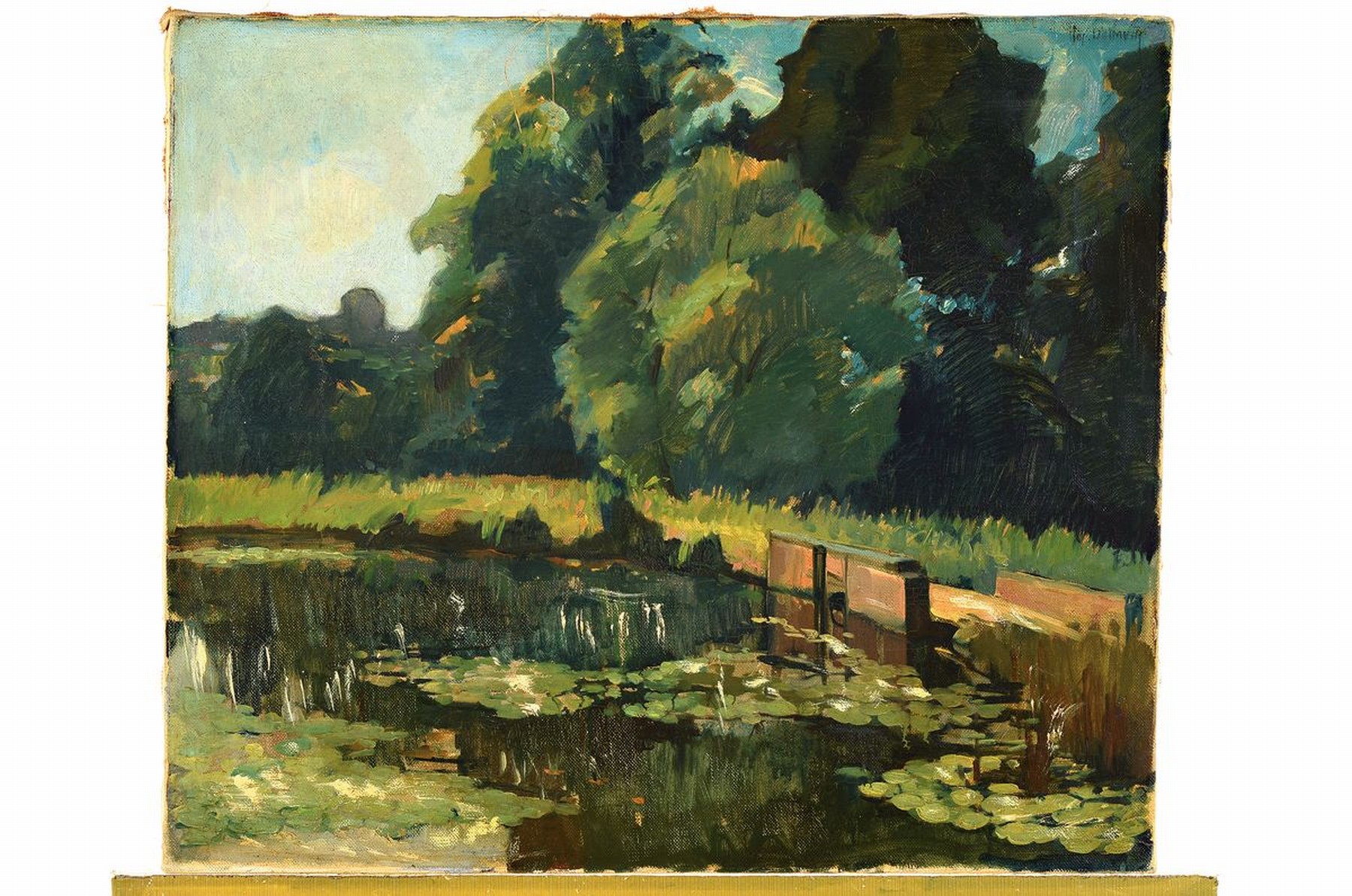 Detail k: Jos. Delmeir (o.ä.), um 1900/10, Weiher mit Seerosen u. Wehr am Waldrand, impressionistische Auffassung, rechts oben signiert, Öl/Lwd, ohne Rahmen, ...