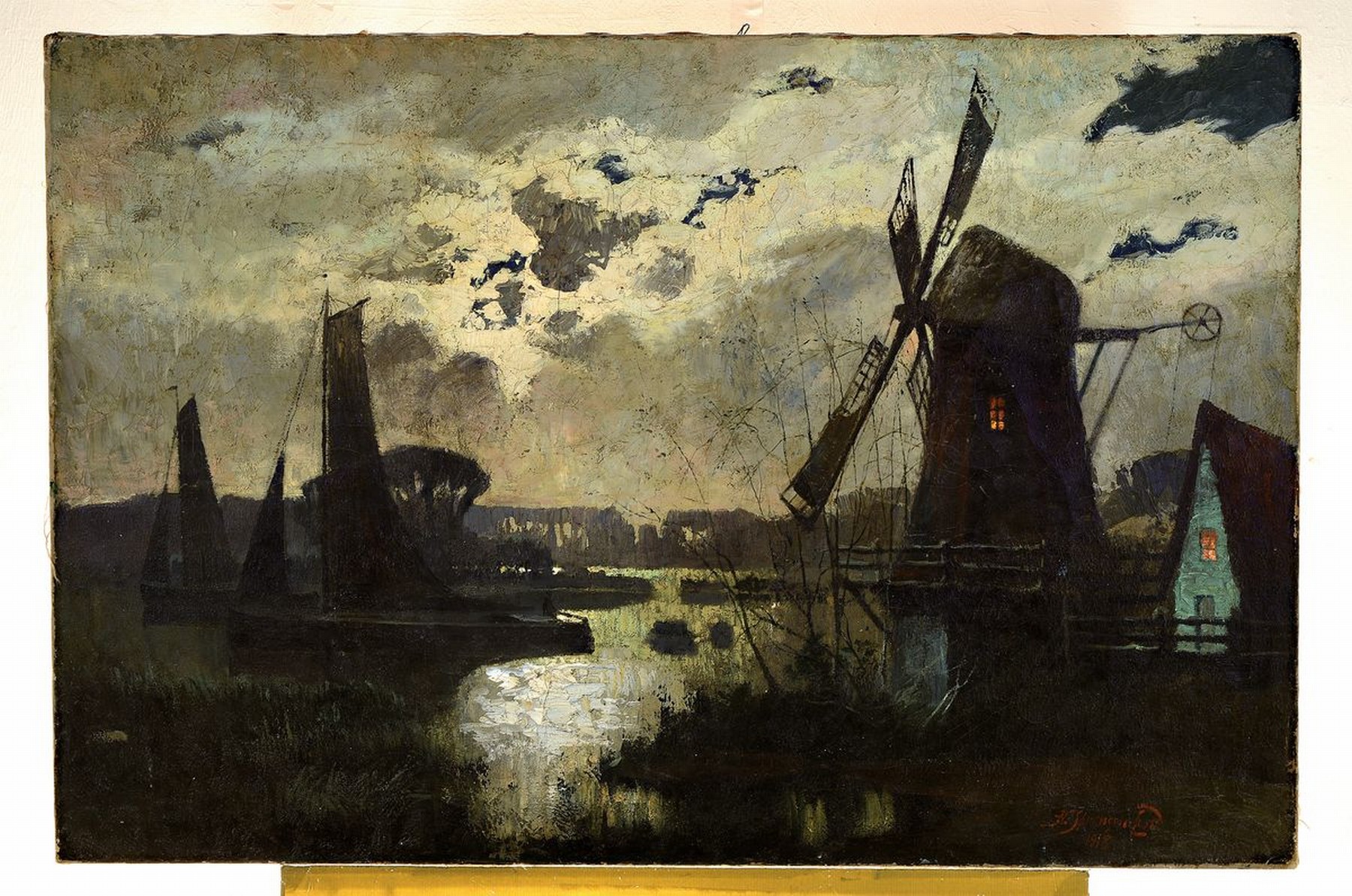 Detail k: Hans Sorensen-Lund, 1859-1920, dänischer Künstler, nächtliche Boddenlandschaft mit Windmühle u. Booten, verhangener Vollmond, pastoser ...