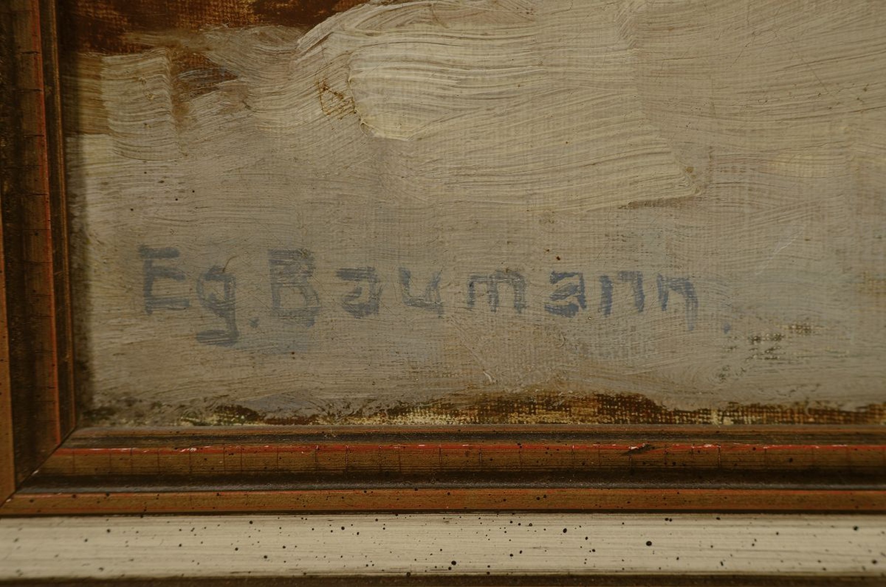 Detail a: Egon Baumann, deutscher Künstler der 1.Hälfte d. 20.Jh., winterliche Waldlandschaft mit Bachlauf, links unten signiert, Öl/Lwd, R., ca. 78x94 cm