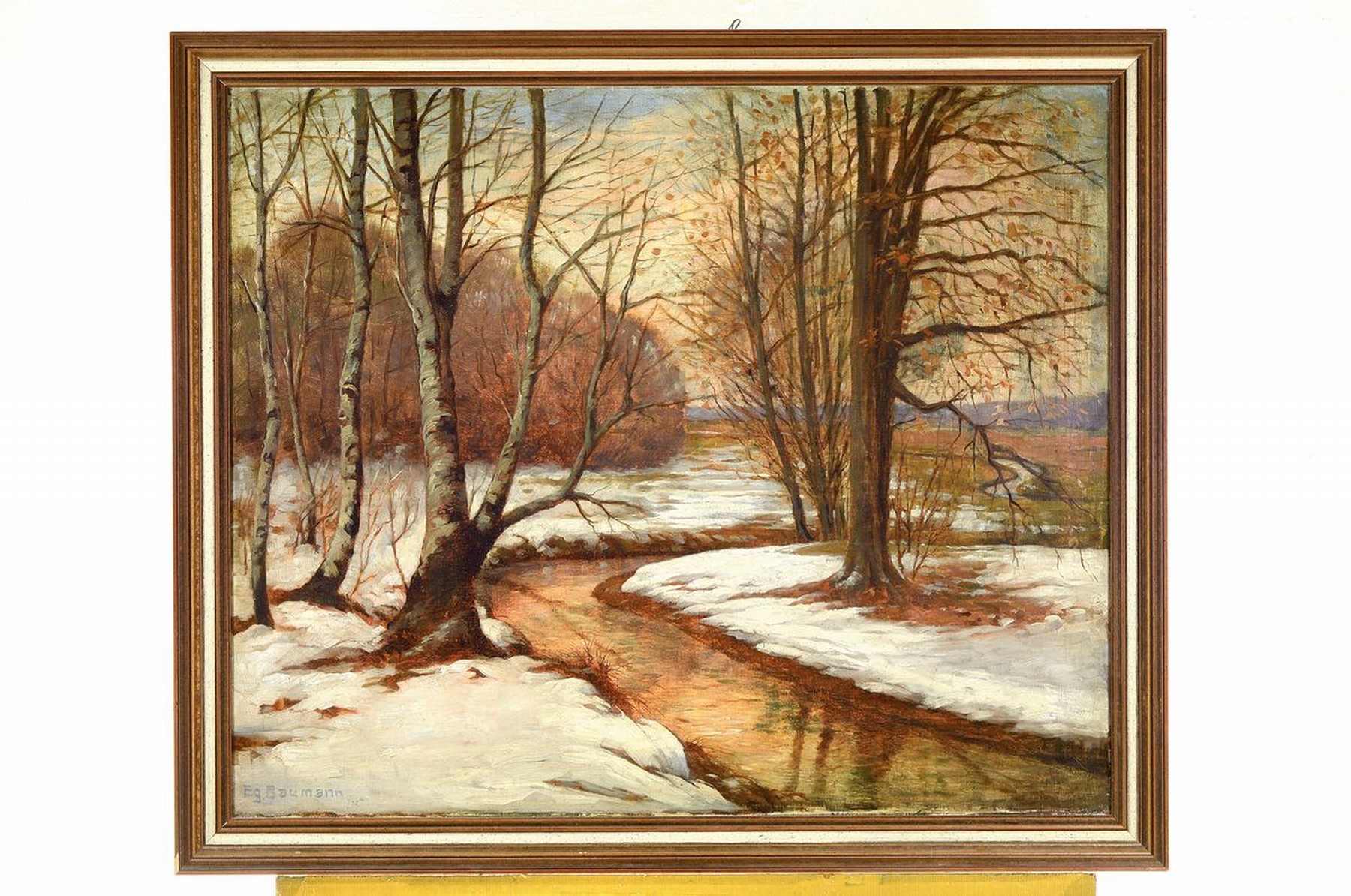 Detail k: Egon Baumann, deutscher Künstler der 1.Hälfte d. 20.Jh., winterliche Waldlandschaft mit Bachlauf, links unten signiert, Öl/Lwd, R., ca. 78x94 cm