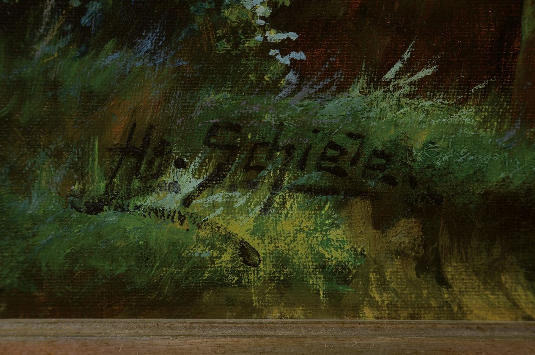 Detail a: Prof. H.O. Schiele, Künstler um 1900, Dresdener Schule, Baum bestandener Wildbach, links unten signiert, Öl/Lwd, ca. 14cm breiter Prunkrahmen l. ...