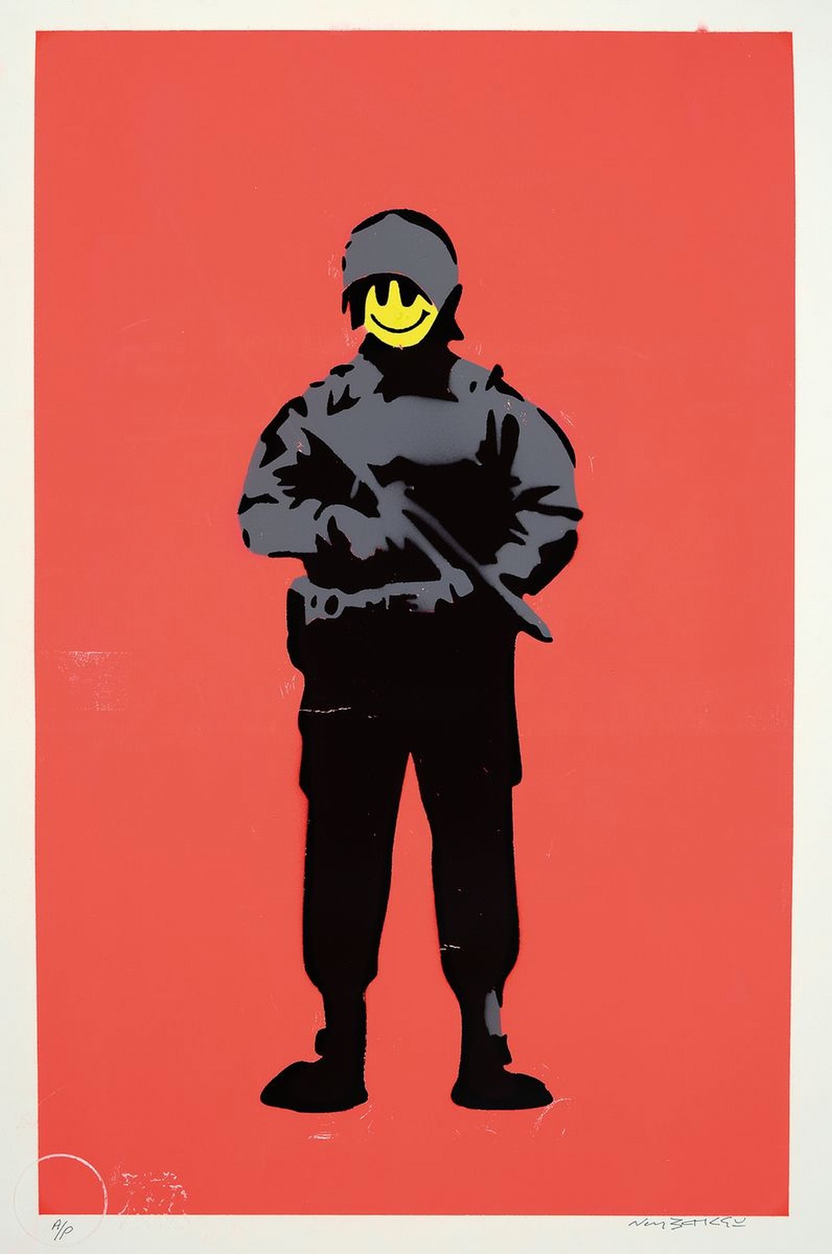 By Not Banksy, "Smiley Copper", Sprühtechnik/dünnem Papier, 2020, sign., Zertifikat, ca. 56x38 cm