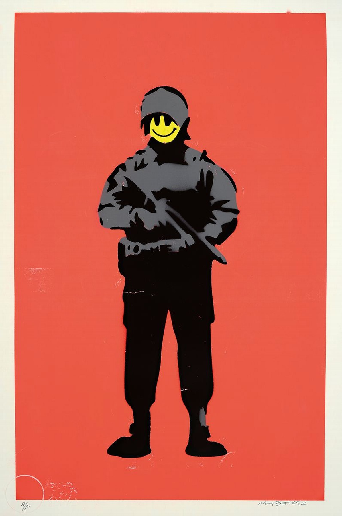 Detail k: By Not Banksy, "Smiley Copper", Sprühtechnik/dünnem Papier, 2020, sign., Zertifikat, ca. 56x38 cm