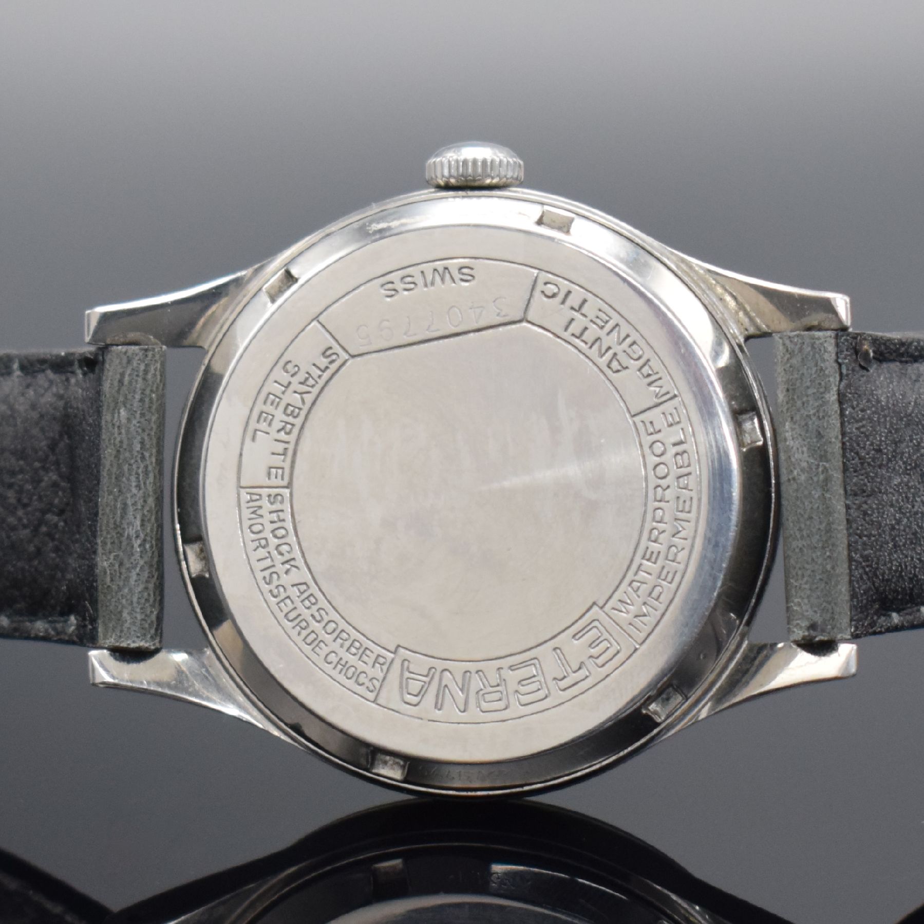 Detail c: ETERNA große verschraubte Herrenarmbanduhr in Stahl, Schweiz um 1950, Handaufzug, 2-tlg. Geh., silb. Duoton-Zifferbl., arab. Leucht- zahlen, orig. ...