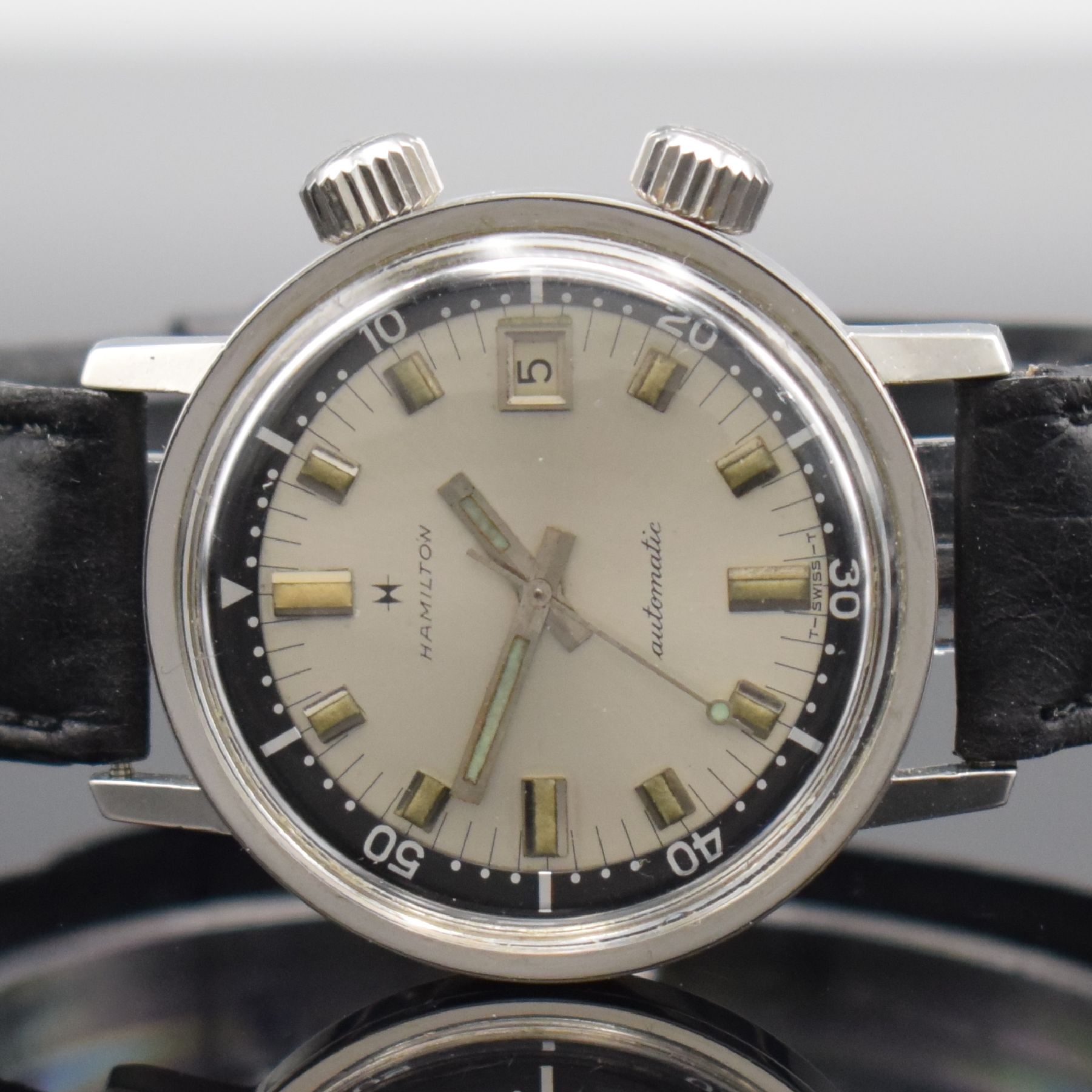 Detail a: HAMILTON 600 Super-Compressor Taucheruhr in Stahl, Schweiz um 1966, Automatik, verschr. Geh., innen-liegende schwarze Drehlünette zu bed. über ...