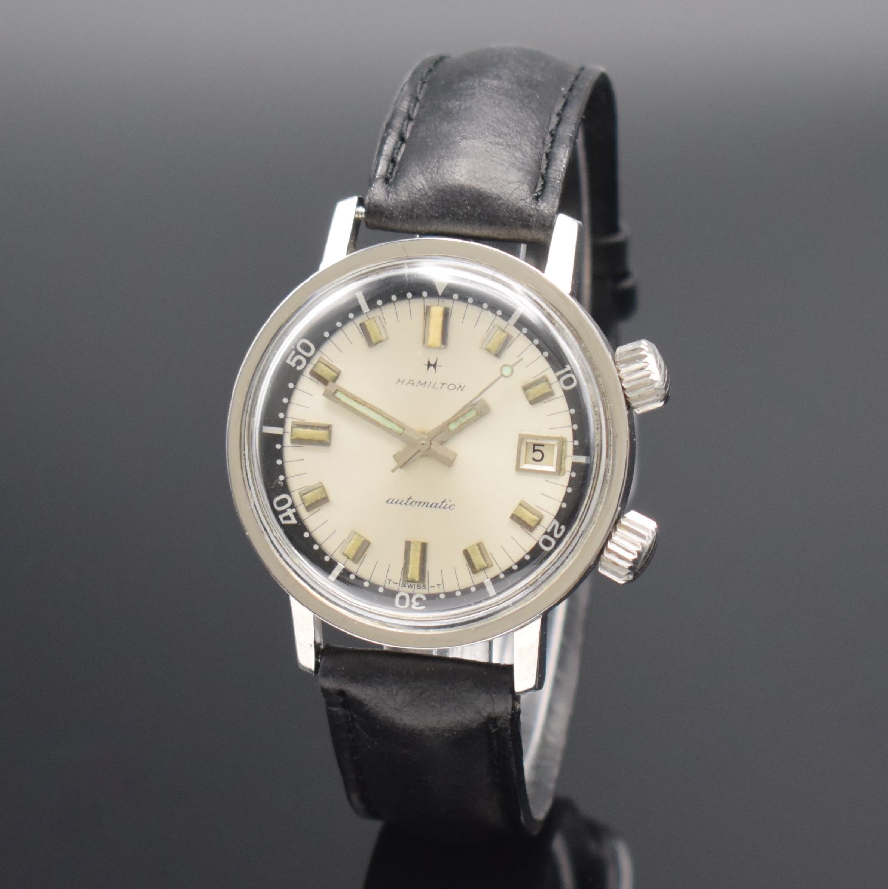 Detail b: HAMILTON 600 Super-Compressor Taucheruhr in Stahl, Schweiz um 1966, Automatik, verschr. Geh., innen-liegende schwarze Drehlünette zu bed. über ...