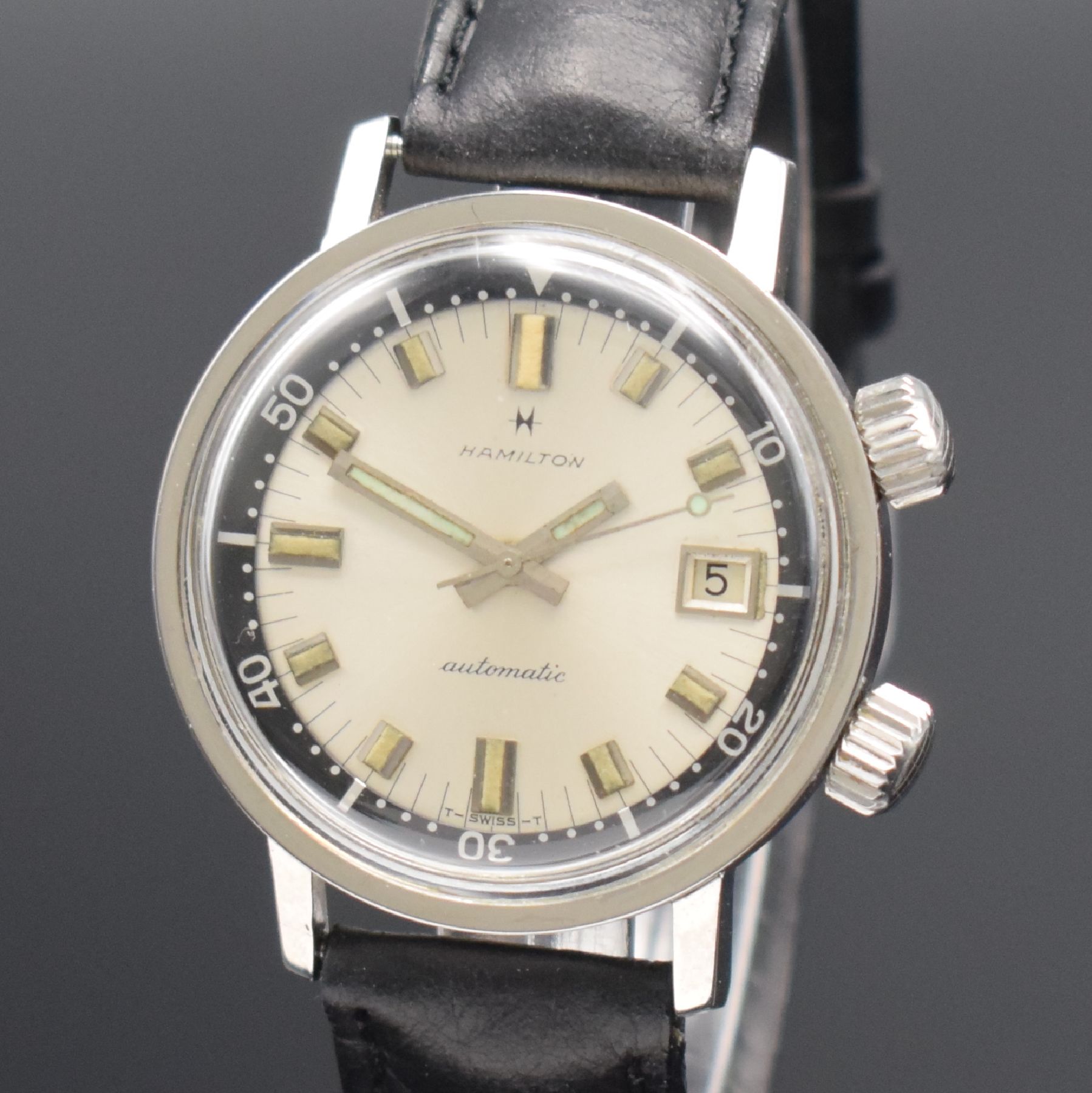 Detail c: HAMILTON 600 Super-Compressor Taucheruhr in Stahl, Schweiz um 1966, Automatik, verschr. Geh., innen-liegende schwarze Drehlünette zu bed. über ...