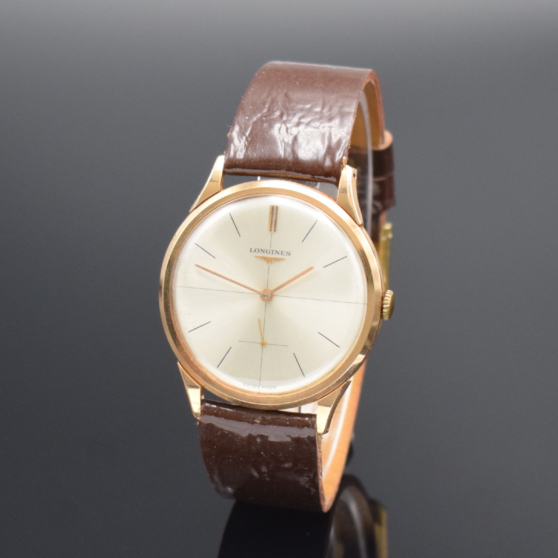 Detail b: LONGINES 30 L große Herrenarmbanduhr in RG 750/000, Schweiz/Argentinien um 1967, Handaufzug, neutrales argentinisches Geh., Boden & Glasrand ...