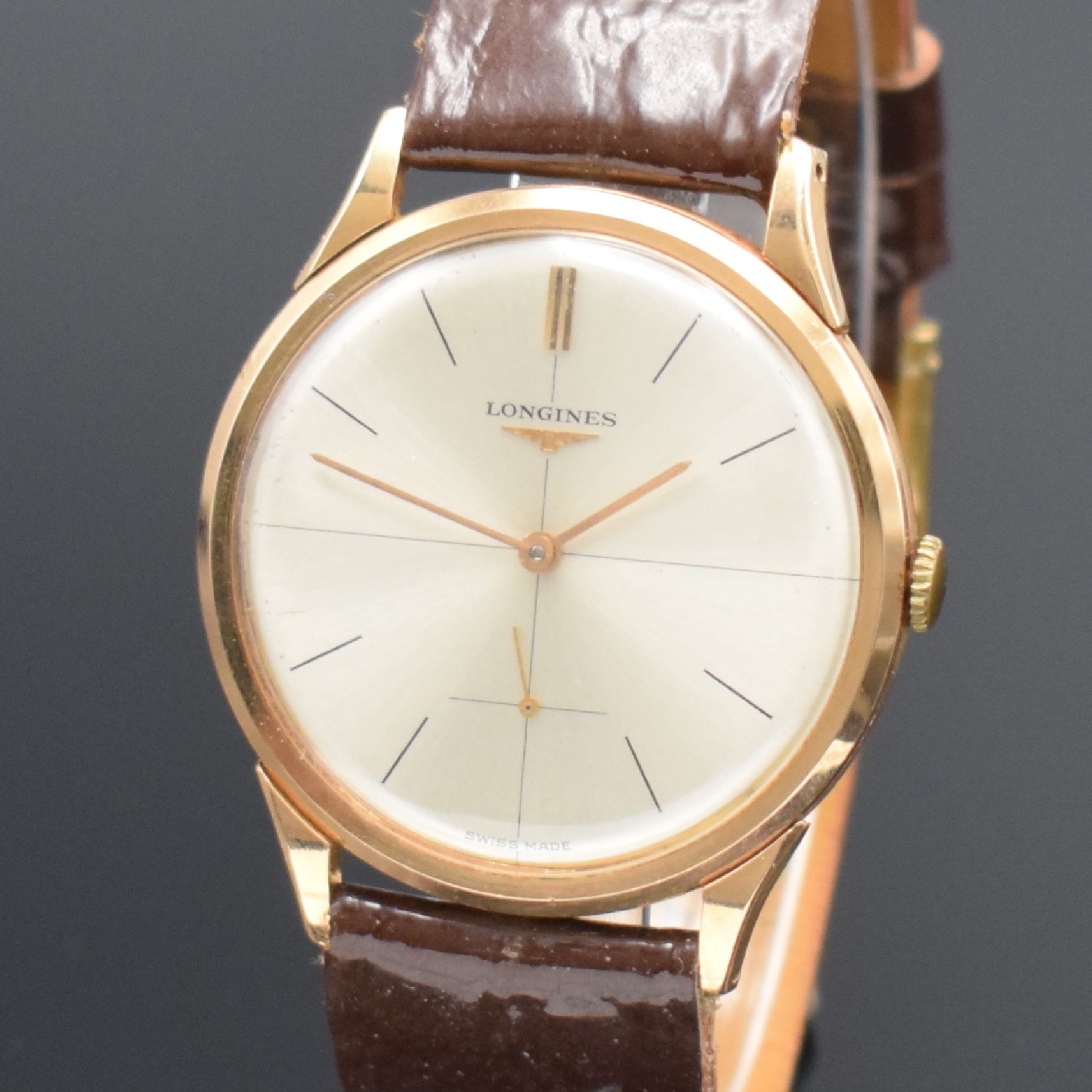 Detail c: LONGINES 30 L große Herrenarmbanduhr in RG 750/000, Schweiz/Argentinien um 1967, Handaufzug, neutrales argentinisches Geh., Boden & Glasrand ...