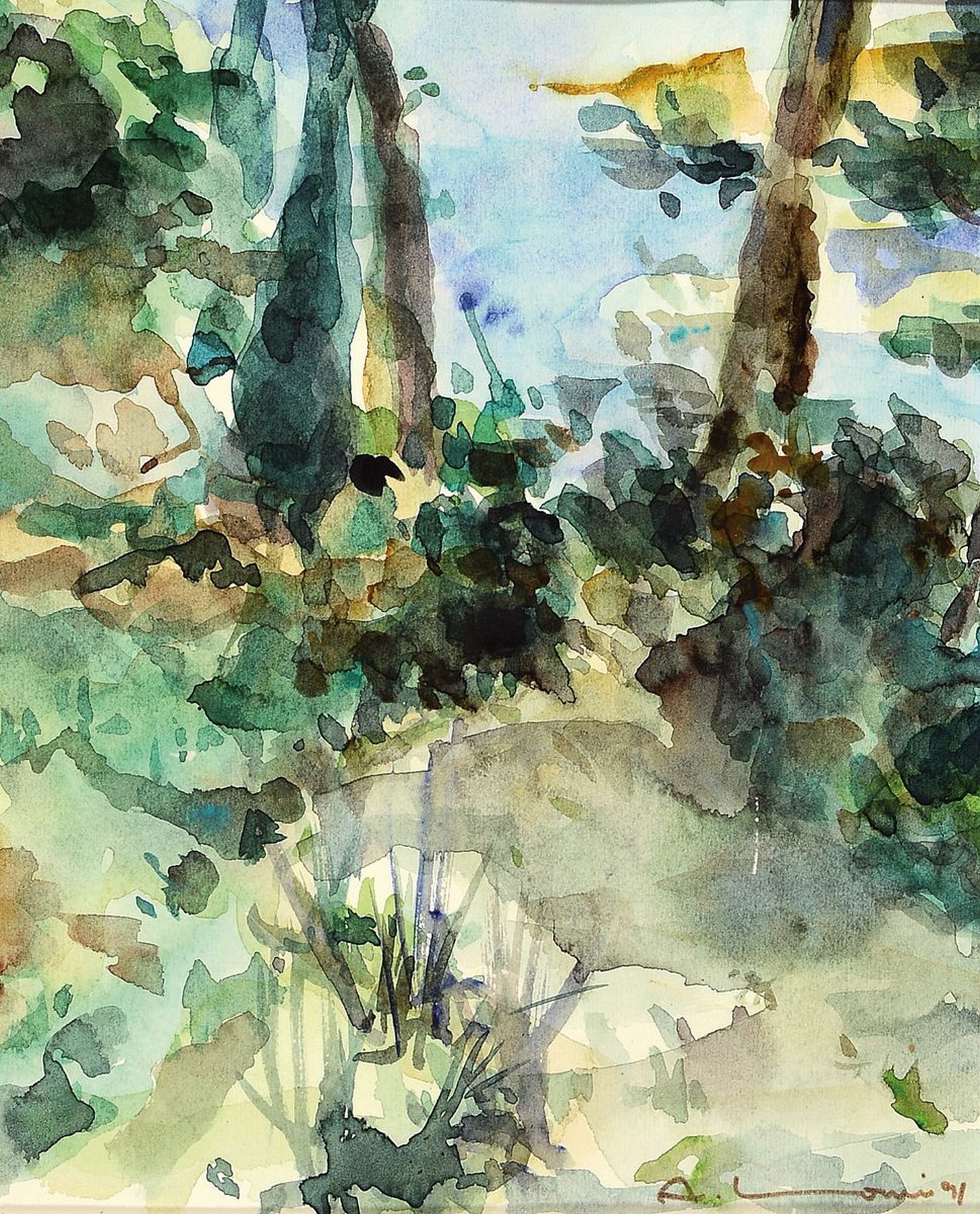 Adrien Moroni, geb. 1943 Monaco, Studium in Nizza, hier: Wald, Aquarell auf Papier, rechts unten signiert und dat. 91, ca. 22x18 cm, PP, R. (ohne ...