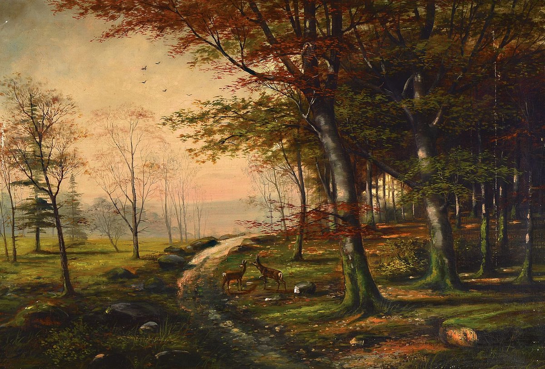 Unbekannter Künstler, deutsch, um 1900, Rehe am Waldrand, Öl/Lwd, unsigniert, rest., Farbschäden, Prunkrahmen, dieser best., ca. 67x94 / 95x124 cm