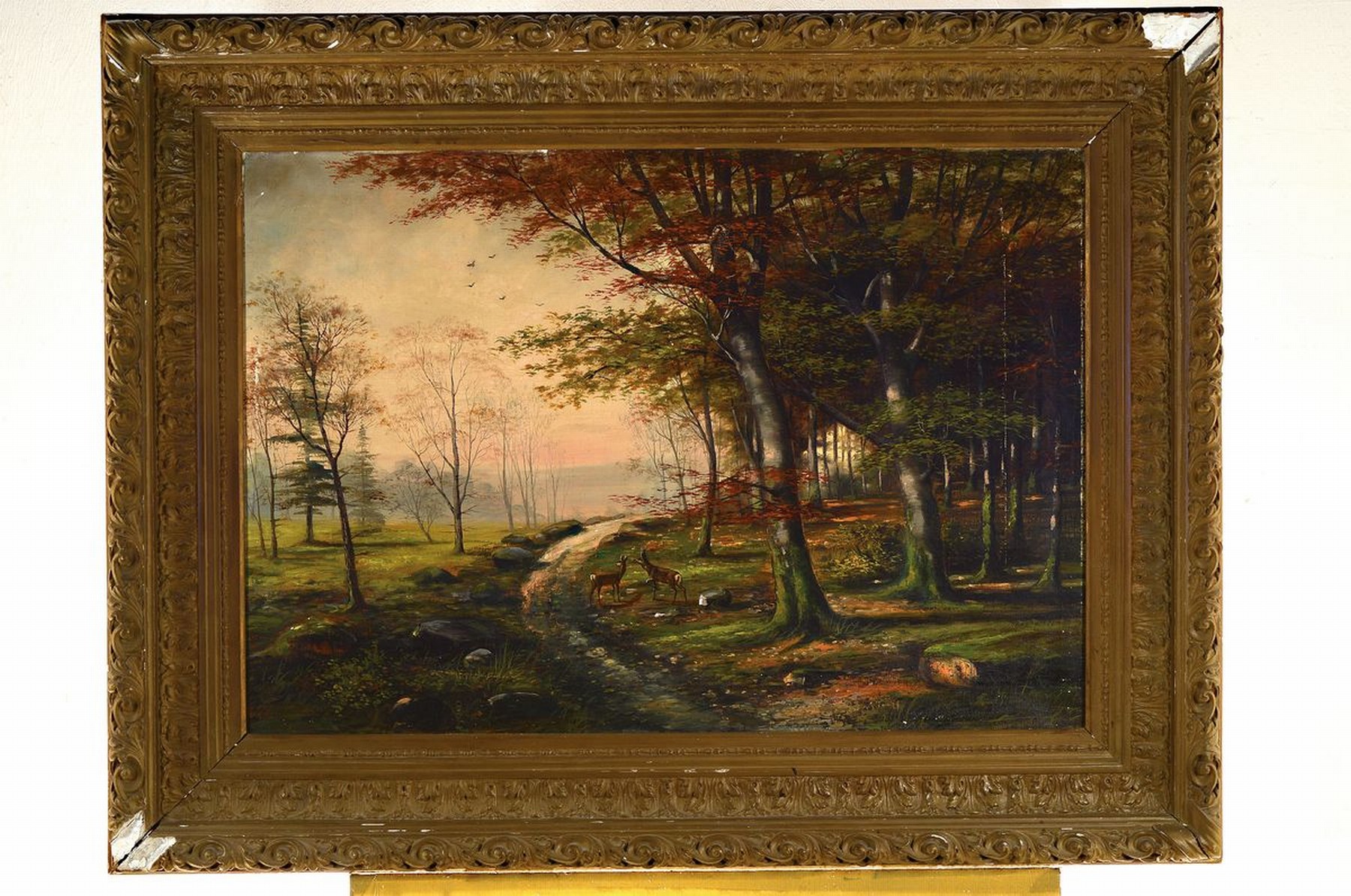 Detail k: Unbekannter Künstler, deutsch, um 1900, Rehe am Waldrand, Öl/Lwd, unsigniert, rest., Farbschäden, Prunkrahmen, dieser best., ca. 67x94 / 95x124 cm