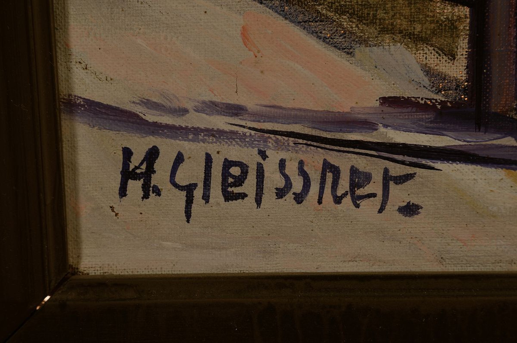 Detail a: Hans Gleissner, 1880 - 1935 Berlin, Berliner Landschaftsmaler, Segelschiffe im Hafen, Personenstaffage, Kontrastfarbigkeit, links unten signiert, kl. ...