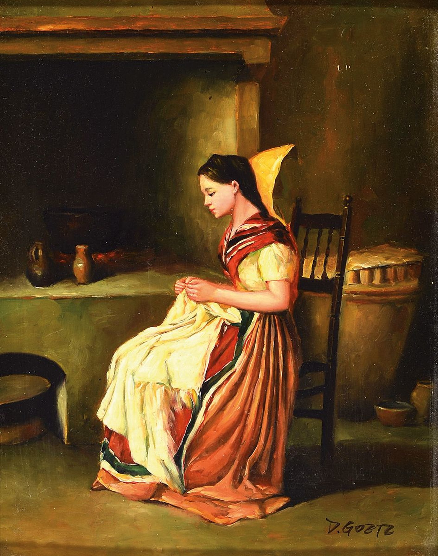 D. Goetz, Traditionalist, 20. Jh., Junge Frau beim Handarbeiten vor dem Herd, Öl/Holz, rechts unten signiert, ca. 25x20cm, R. ca. 40x34cm