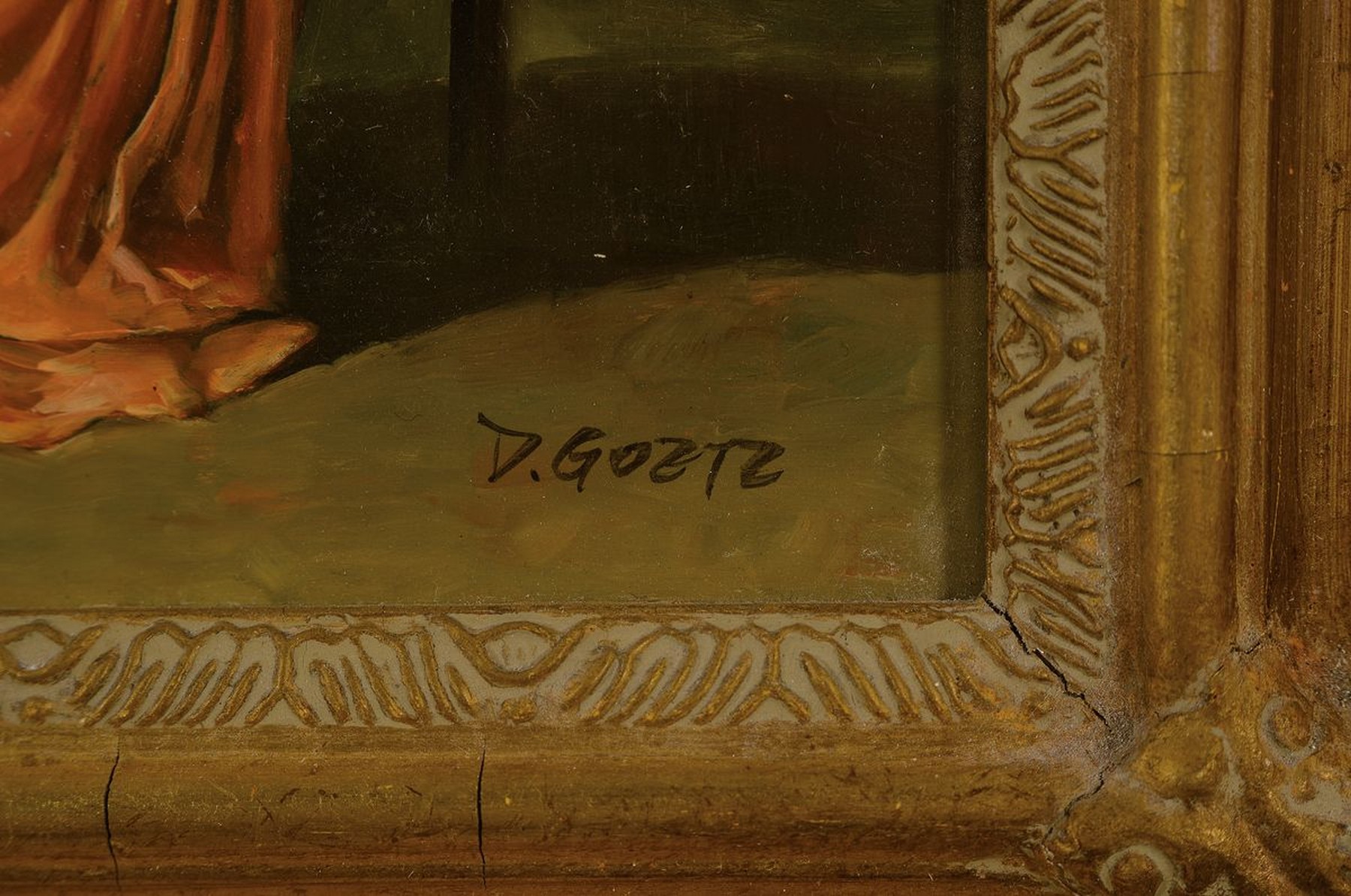 Detail a: D. Goetz, Traditionalist, 20. Jh., Junge Frau beim Handarbeiten vor dem Herd, Öl/Holz, rechts unten signiert, ca. 25x20cm, R. ca. 40x34cm
