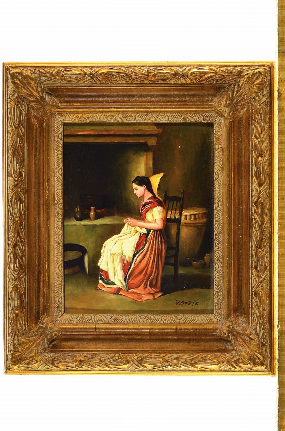 Detail k: D. Goetz, Traditionalist, 20. Jh., Junge Frau beim Handarbeiten vor dem Herd, Öl/Holz, rechts unten signiert, ca. 25x20cm, R. ca. 40x34cm