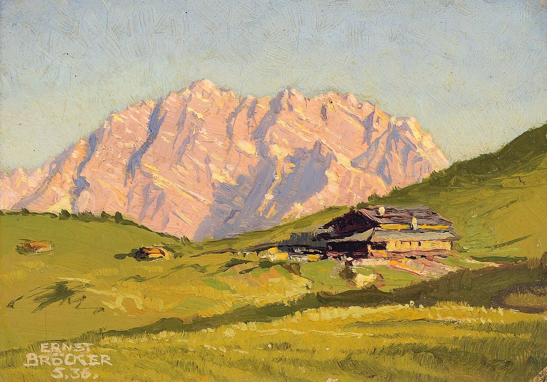 Ernst Bröcker, 1893-1963 München, bekannter Münchener Landschaftsmaler, hier: Blick auf die Gotzenalm bei Berchtesgaden; Öl/Holz, links unten ...