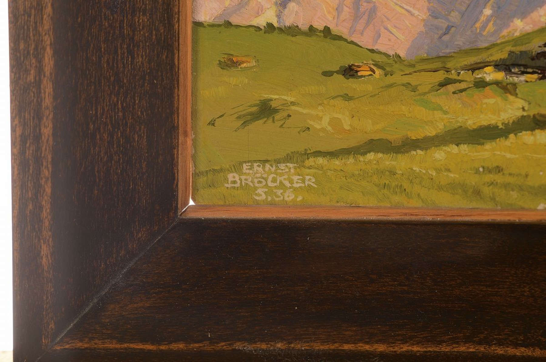 Detail a: Ernst Bröcker, 1893-1963 München, bekannter Münchener Landschaftsmaler, hier: Blick auf die Gotzenalm bei Berchtesgaden; Öl/Holz, links unten ...
