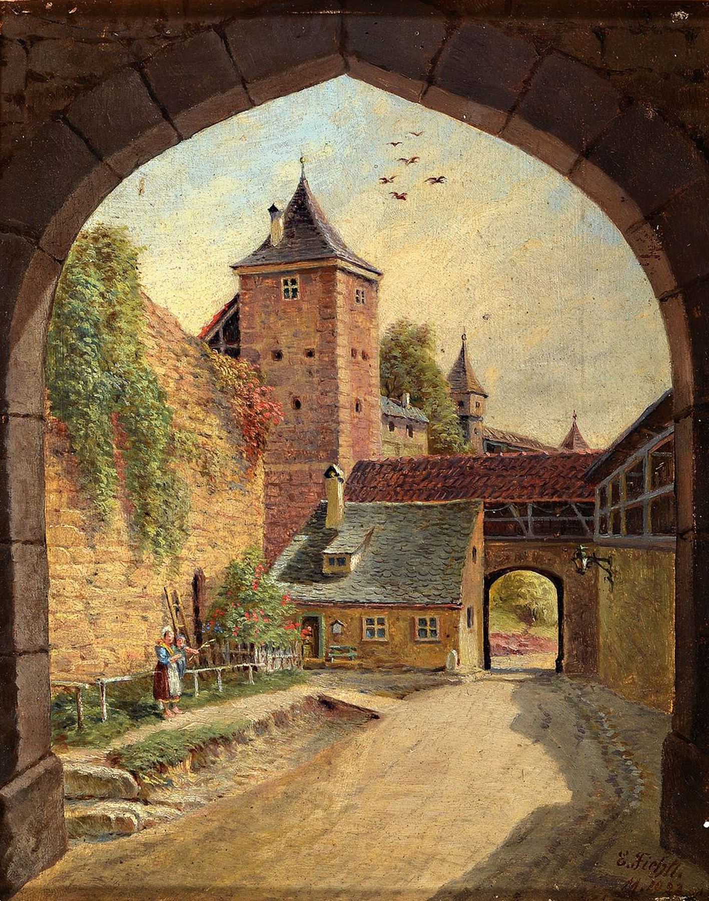 E. Fichtl, datiert 11.10.23, Blick durch ein Stadttor in Rothenburg o.d.Tauber. Seitlich eine Mutter mit Kind. Öl/Malkarton, rechts unten signiert ...