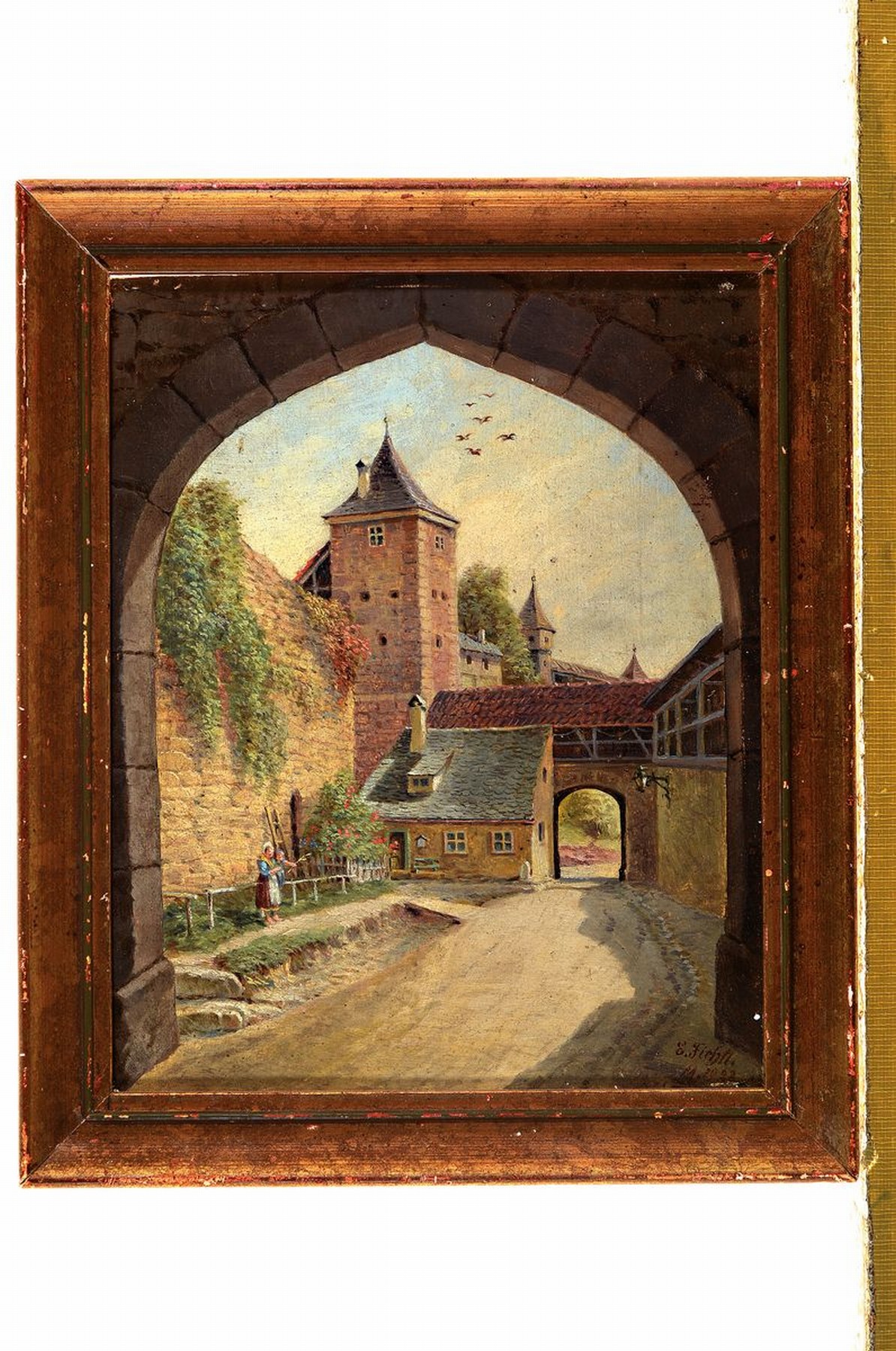 Detail k: E. Fichtl, datiert 11.10.23, Blick durch ein Stadttor in Rothenburg o.d.Tauber. Seitlich eine Mutter mit Kind. Öl/Malkarton, rechts unten signiert ...