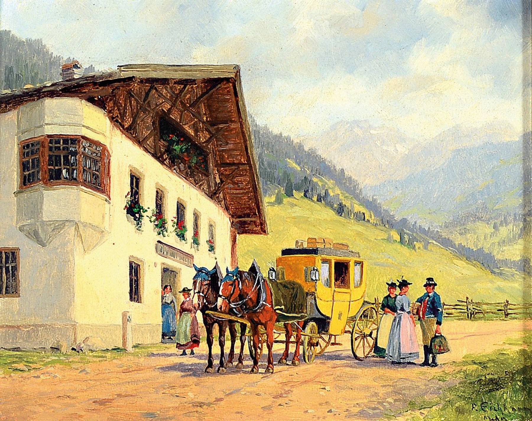 Peter Eichhorn, 1877 Bamberg-1960 München, Post in den Bergen, so rückseitig betitelt, die Postkutsche hält vor dem Landgasthof, Öl/Holz, rechts ...