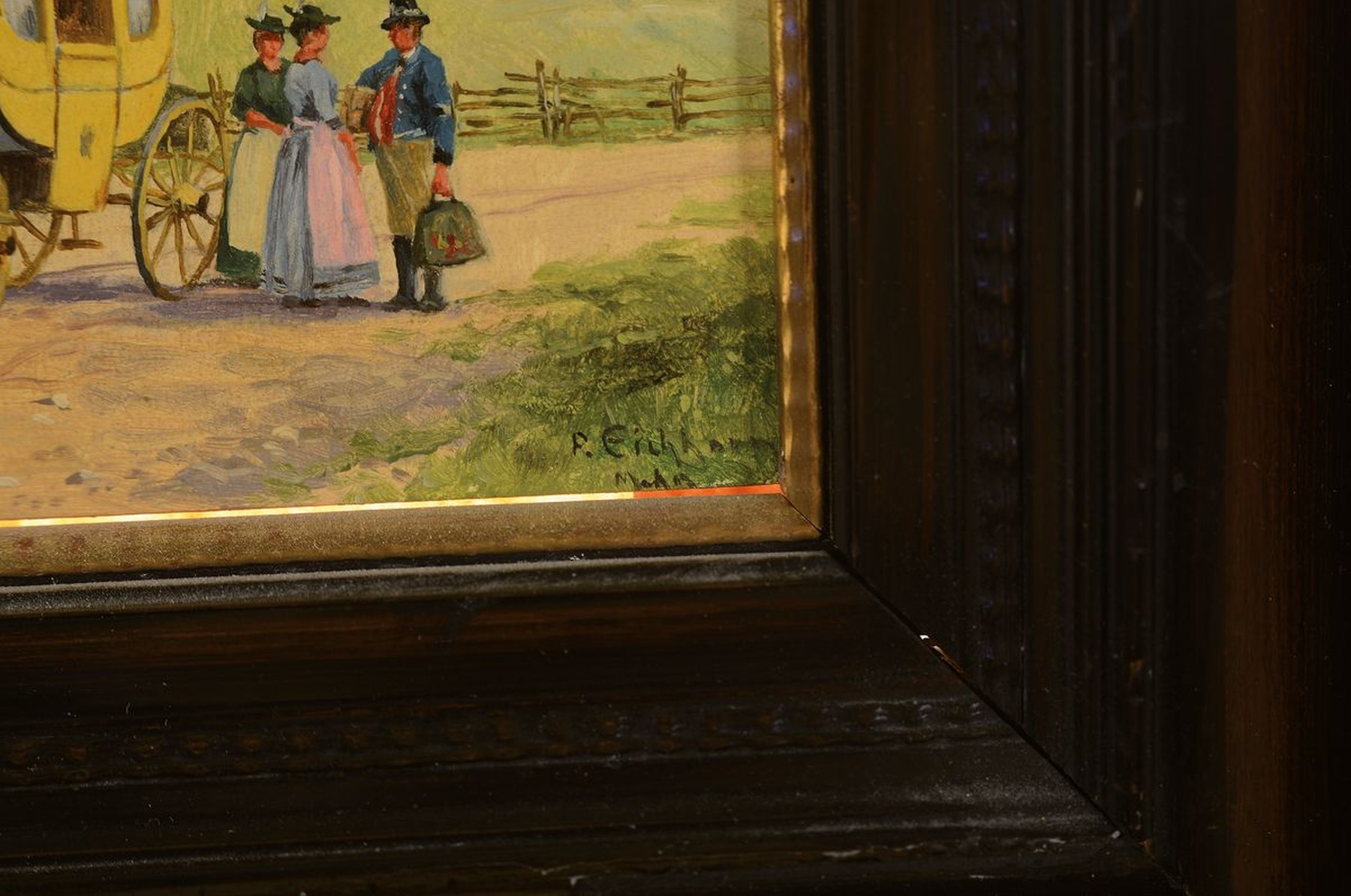 Detail a: Peter Eichhorn, 1877 Bamberg-1960 München, Post in den Bergen, so rückseitig betitelt, die Postkutsche hält vor dem Landgasthof, Öl/Holz, rechts ...