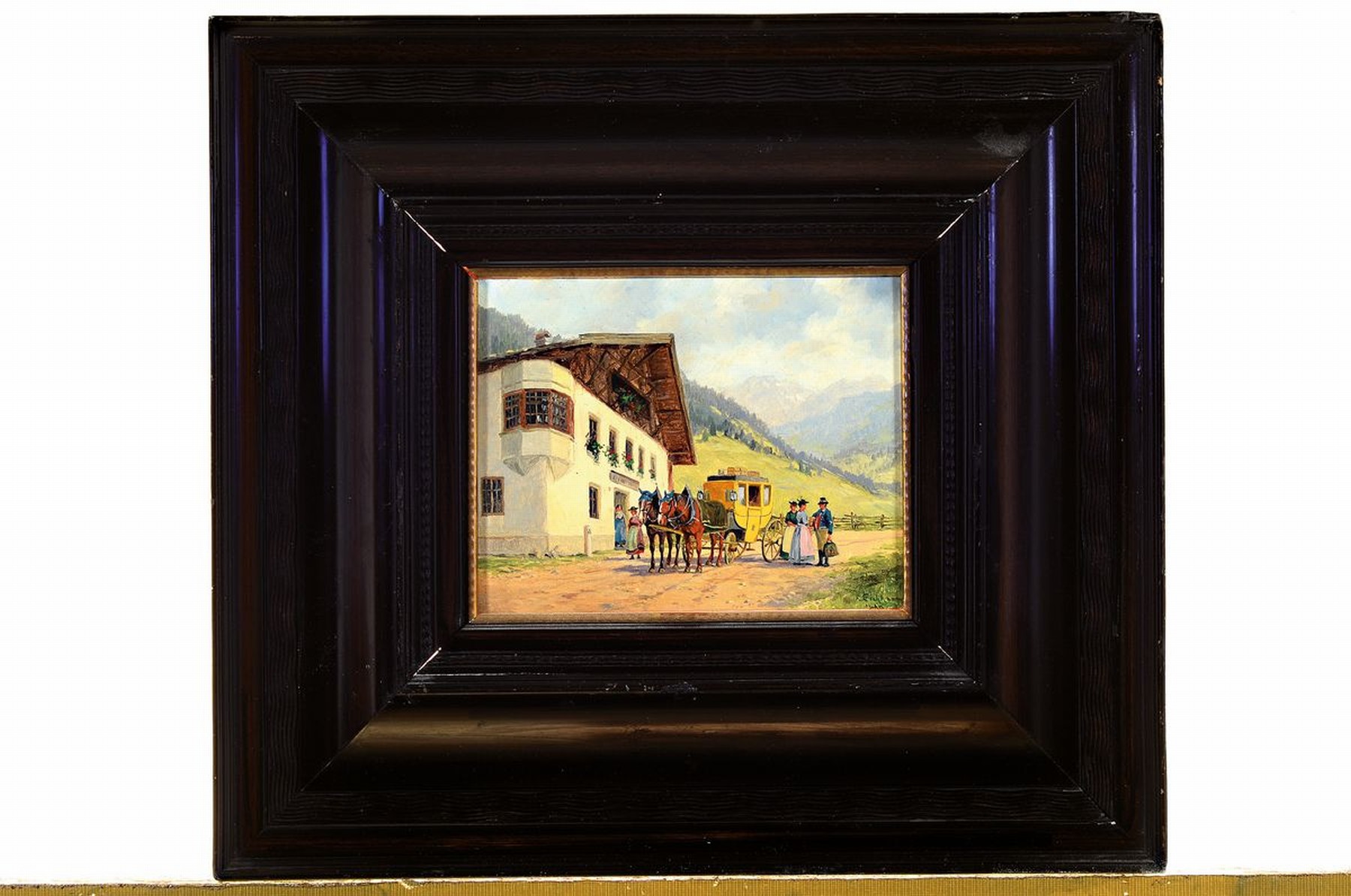 Detail k: Peter Eichhorn, 1877 Bamberg-1960 München, Post in den Bergen, so rückseitig betitelt, die Postkutsche hält vor dem Landgasthof, Öl/Holz, rechts ...