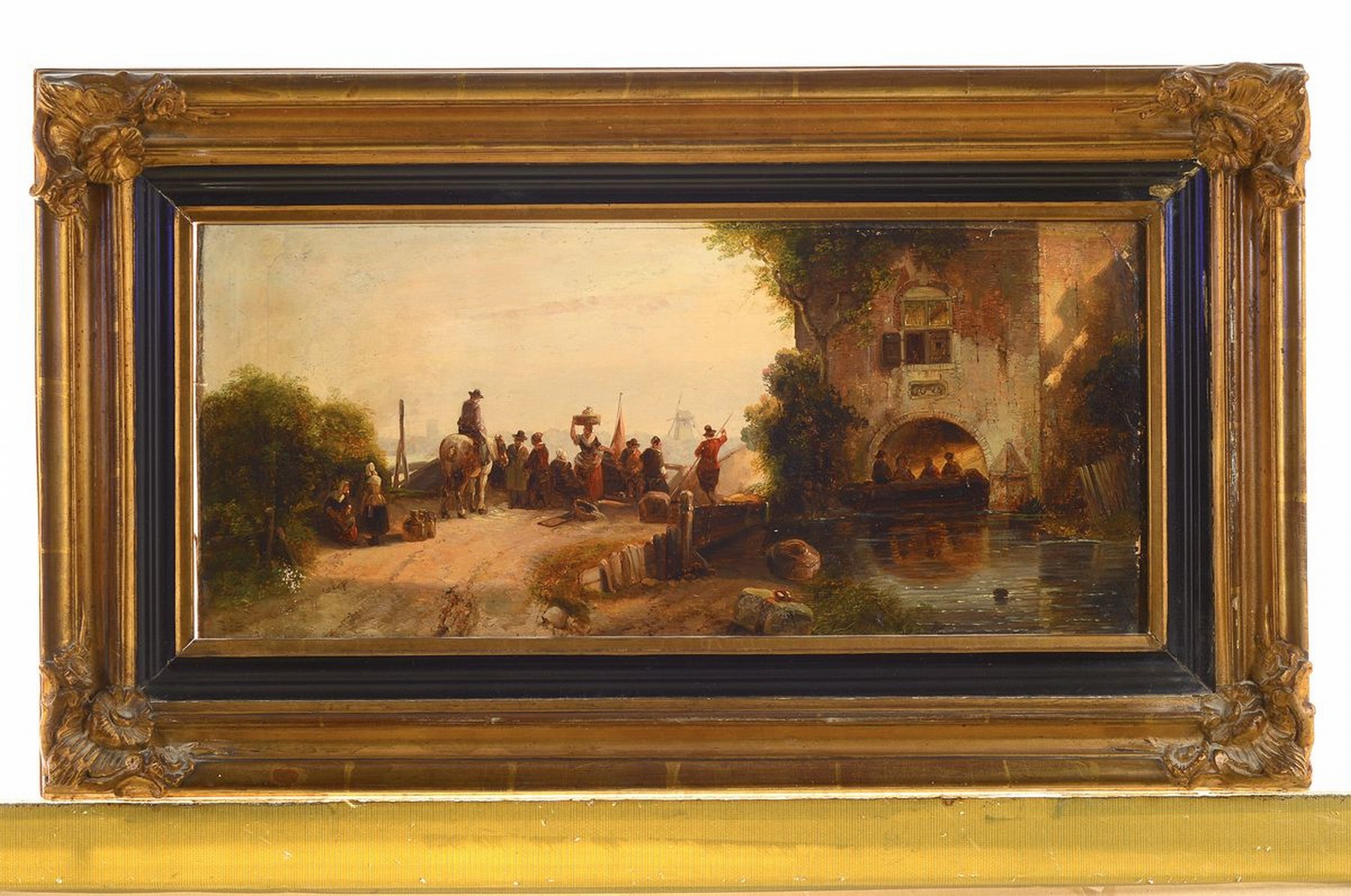 Detail k: Carl Hilgers, 1818 Düsseldorf - 1890, niederländische Stadtansicht am Kanal, reiches Straßentreiben mit vielen Personen, signiert, Öl/Pappe, ca. ...