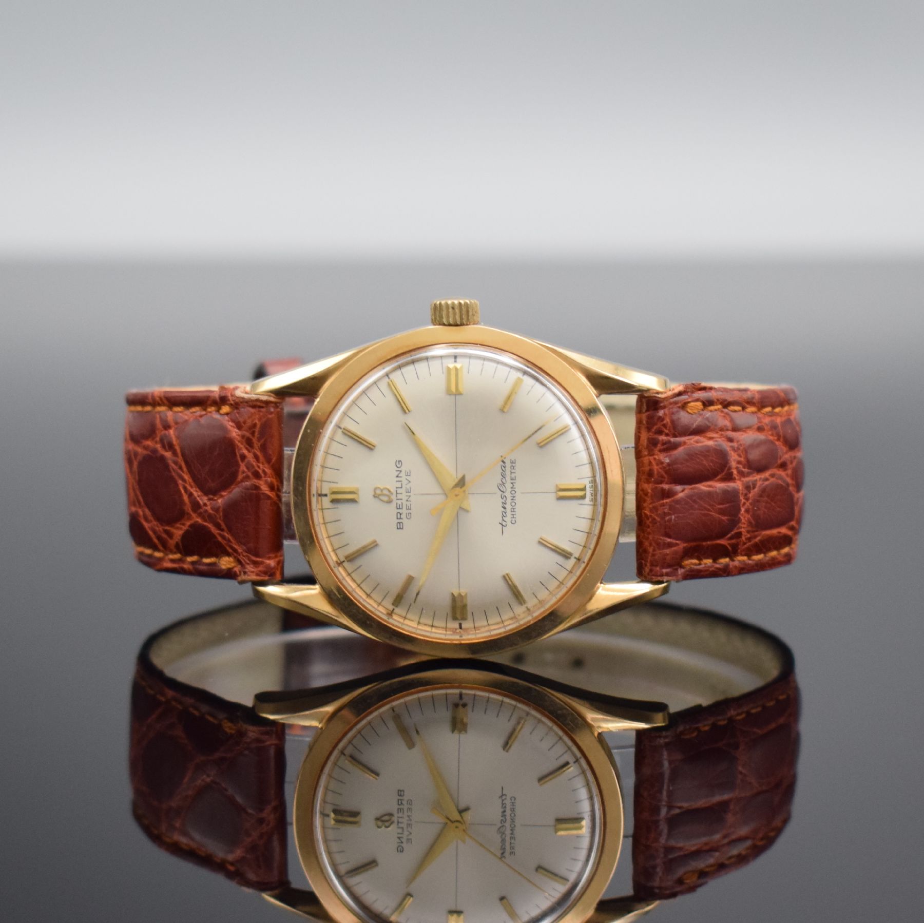 BREITLING seltener Armbandchronometer Trans Ocean, Automatik, Schweiz um 1960, GG 750/000, Boden aufgedr., silb. Zifferblatt m. aufgel. Indizes, Anz. ...