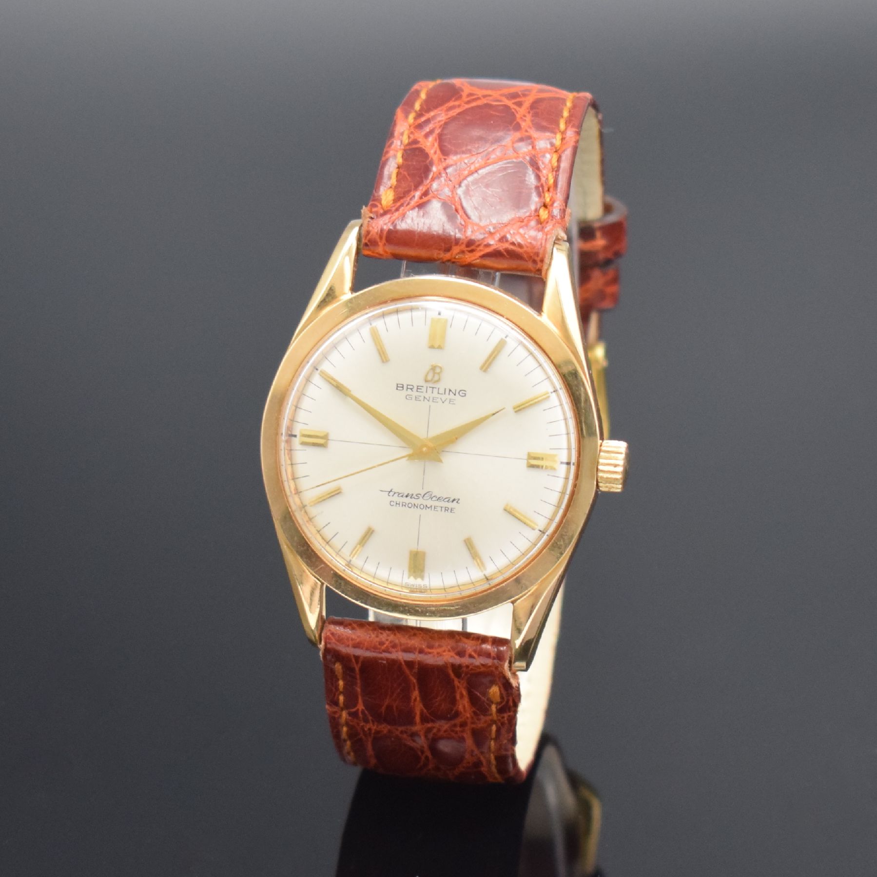 Detail b: BREITLING seltener Armbandchronometer Trans Ocean, Automatik, Schweiz um 1960, GG 750/000, Boden aufgedr., silb. Zifferblatt m. aufgel. Indizes, Anz. ...