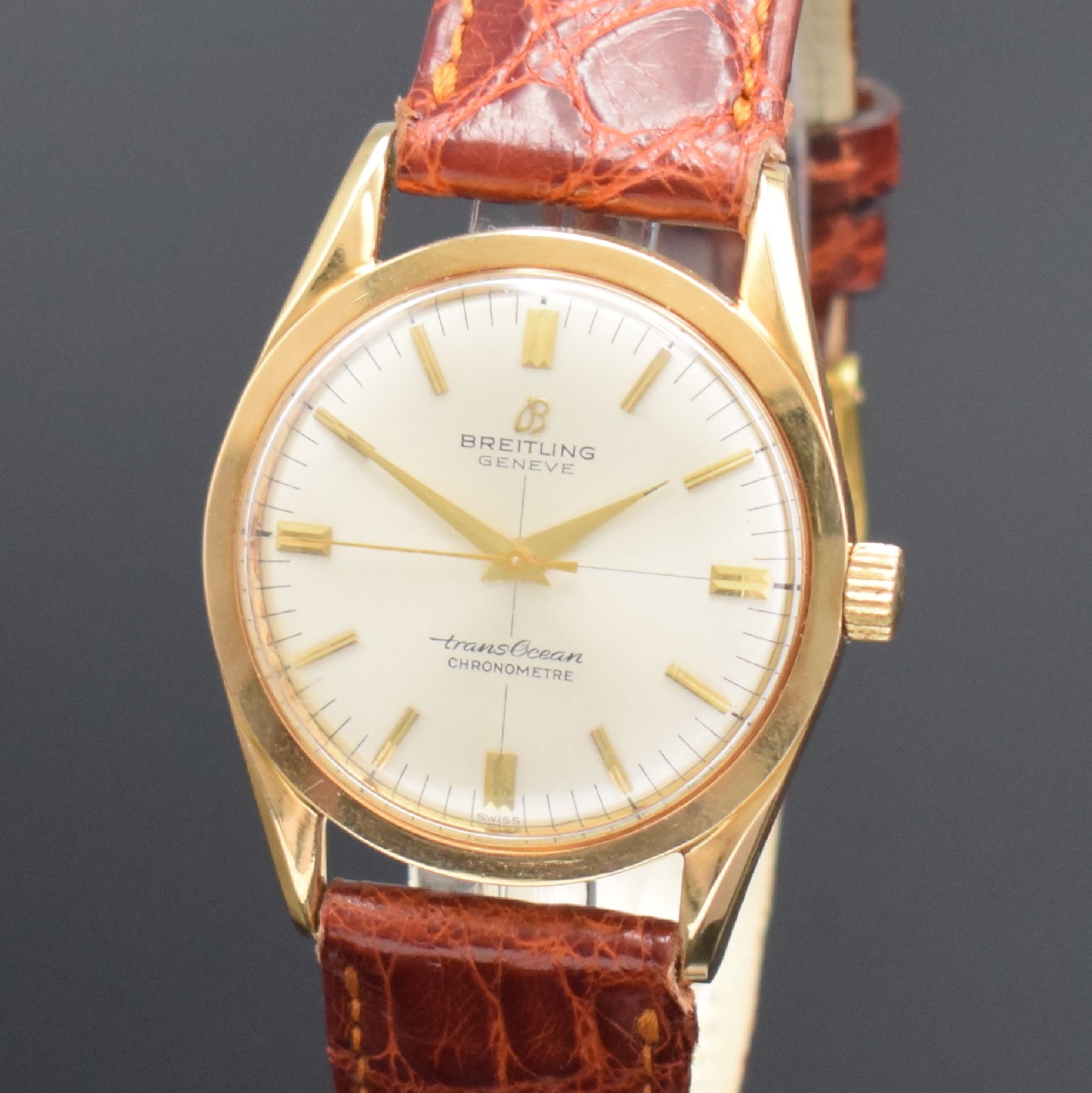 Detail c: BREITLING seltener Armbandchronometer Trans Ocean, Automatik, Schweiz um 1960, GG 750/000, Boden aufgedr., silb. Zifferblatt m. aufgel. Indizes, Anz. ...