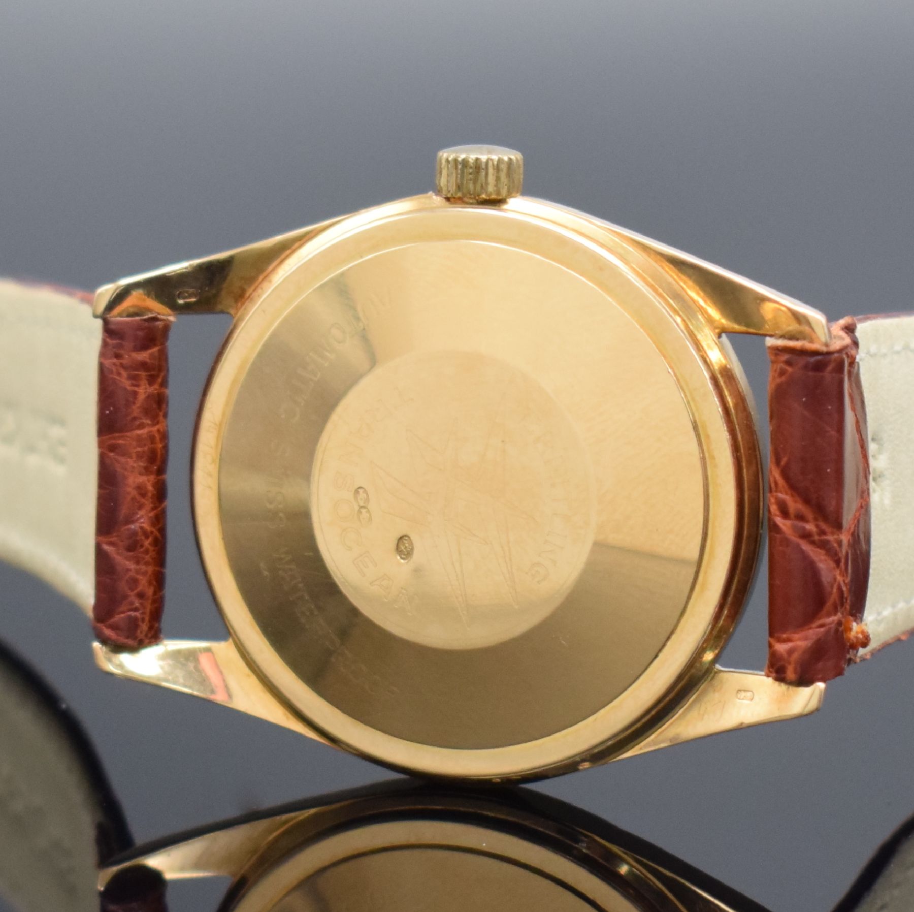 Detail d: BREITLING seltener Armbandchronometer Trans Ocean, Automatik, Schweiz um 1960, GG 750/000, Boden aufgedr., silb. Zifferblatt m. aufgel. Indizes, Anz. ...
