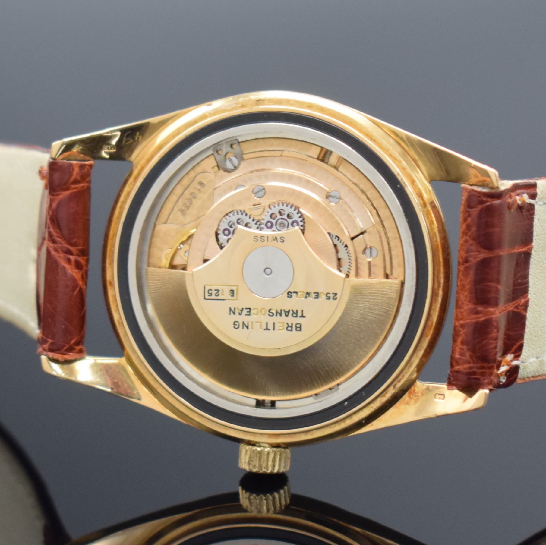 Detail f: BREITLING seltener Armbandchronometer Trans Ocean, Automatik, Schweiz um 1960, GG 750/000, Boden aufgedr., silb. Zifferblatt m. aufgel. Indizes, Anz. ...