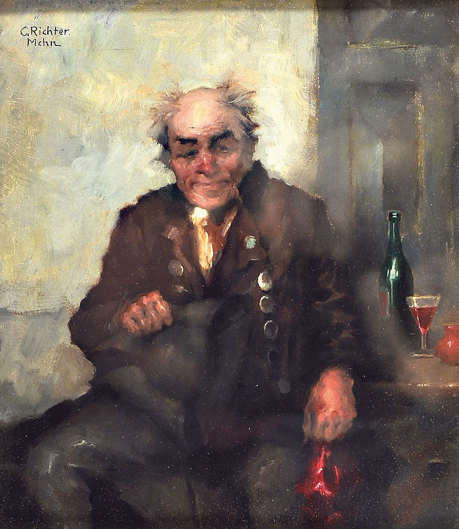 C. Richter, Münchener Schule, um 1880/1900, Weintrinker, Öl/Holz, links oben signiert, rückseitig mit Bleistift bez. "Der Prozesshansl", ...