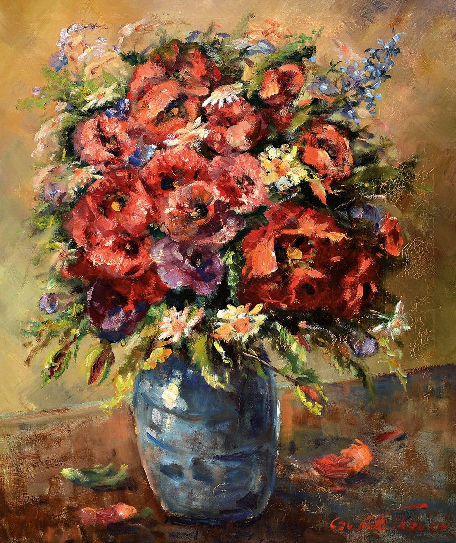 Friedrich Karl Thauer, 1924-2009, Studium in München bei Prof. Metz und Hagenmüller, später Studium bei Kokoschka, hier: Blumenstillleben mit ...