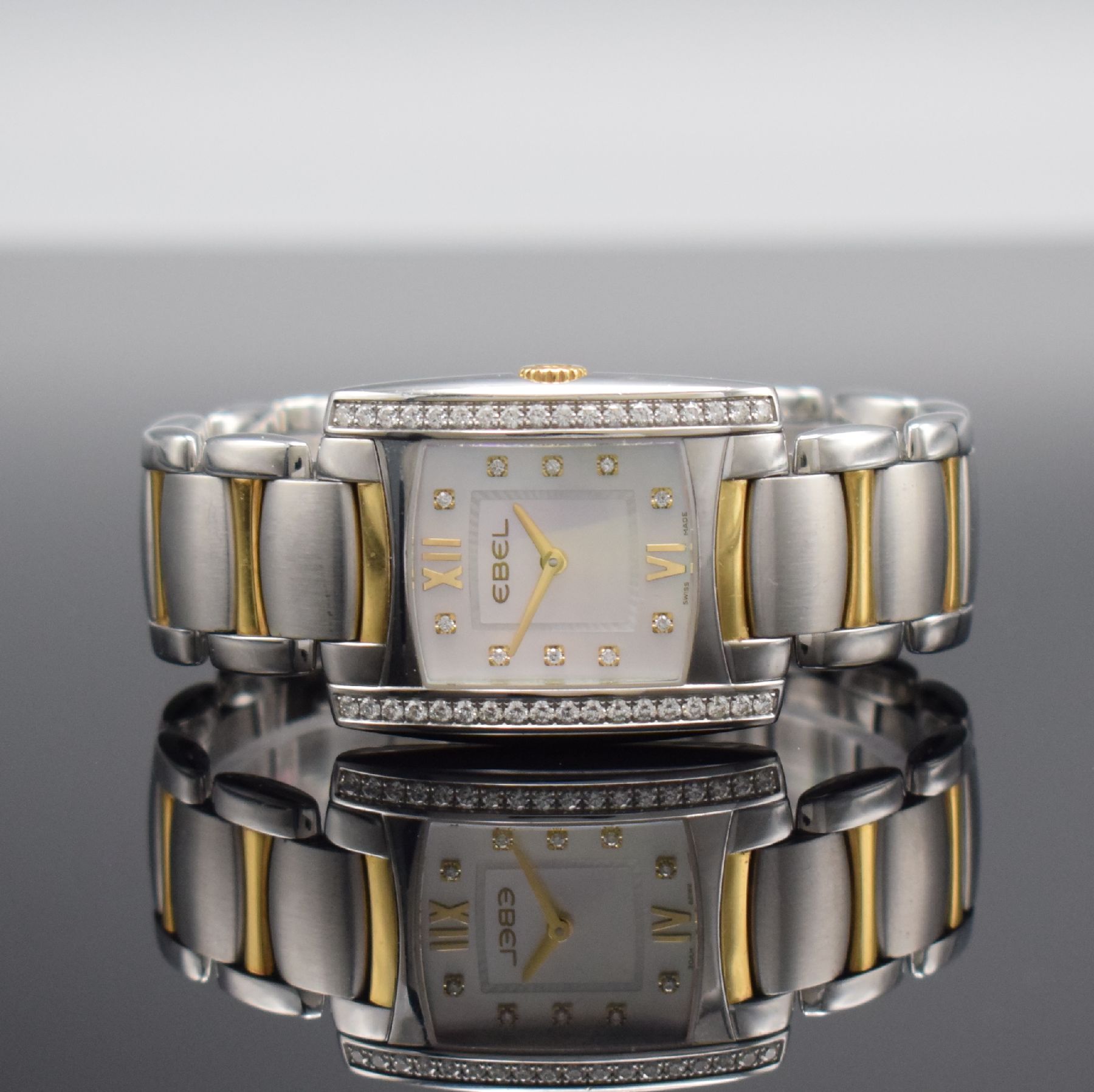 EBEL Damenarmbanduhr Brasilia in Stahl/Gold mit Diamanten Referenz 1256M3S, Schweiz um 2010, quarz, Boden 4-fach verschr., orig. Gliederband m. dopp. ...