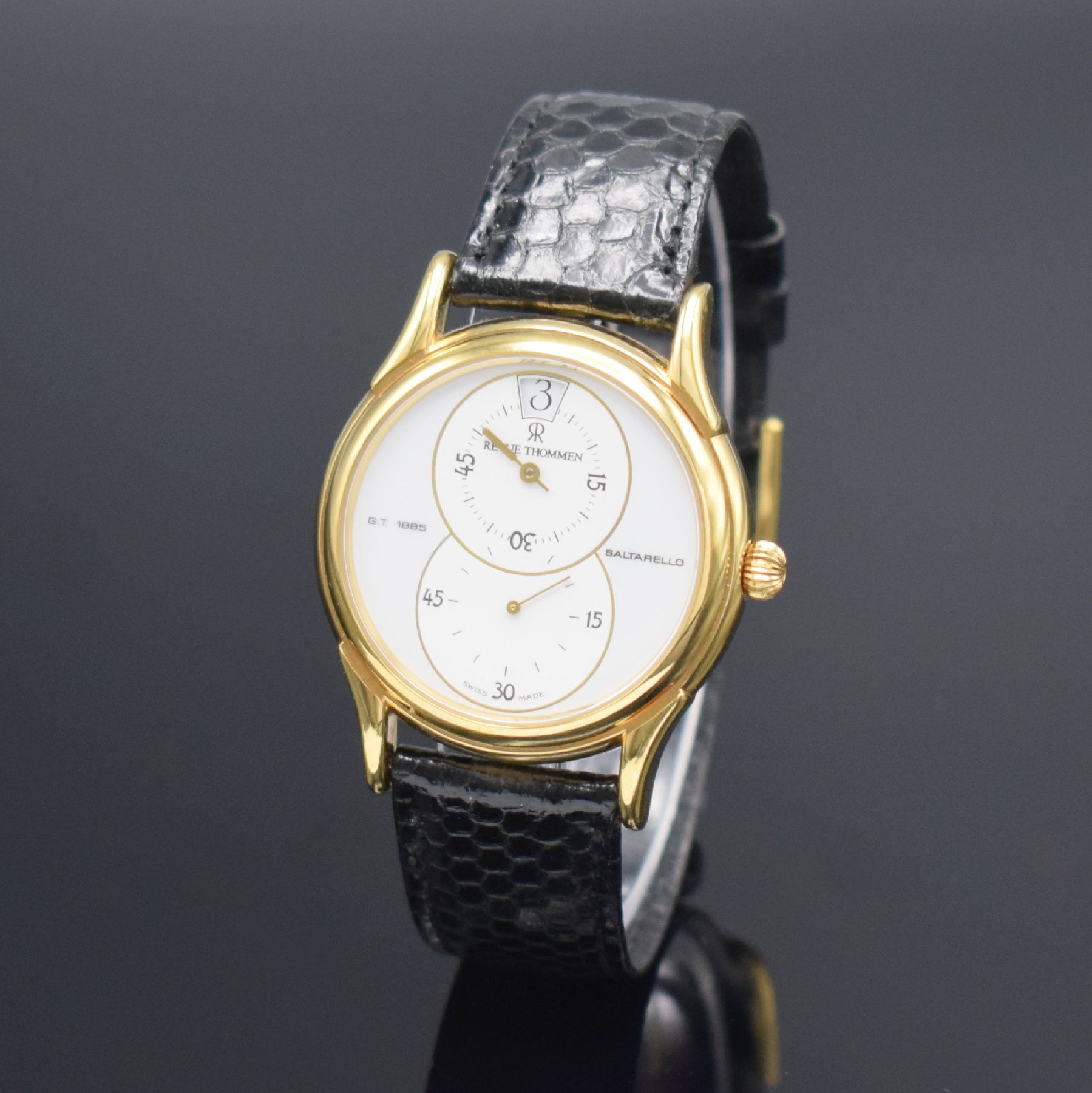 REVUE THOMMEN Herrenarmbanduhr Saltarello Referenz 5222001, Handaufzug, verg. Metallgeh. inkl. orig. Lederband m. orig. Dornschl., aufgedr. ...
