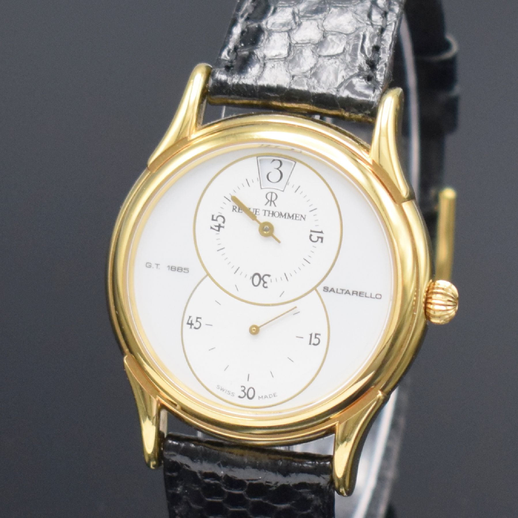 Detail a: REVUE THOMMEN Herrenarmbanduhr Saltarello Referenz 5222001, Handaufzug, verg. Metallgeh. inkl. orig. Lederband m. orig. Dornschl., aufgedr. ...