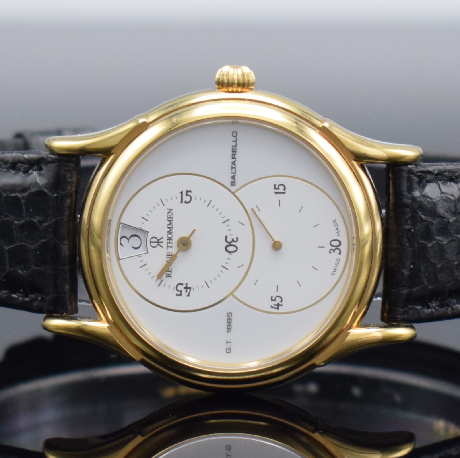 Detail b: REVUE THOMMEN Herrenarmbanduhr Saltarello Referenz 5222001, Handaufzug, verg. Metallgeh. inkl. orig. Lederband m. orig. Dornschl., aufgedr. ...