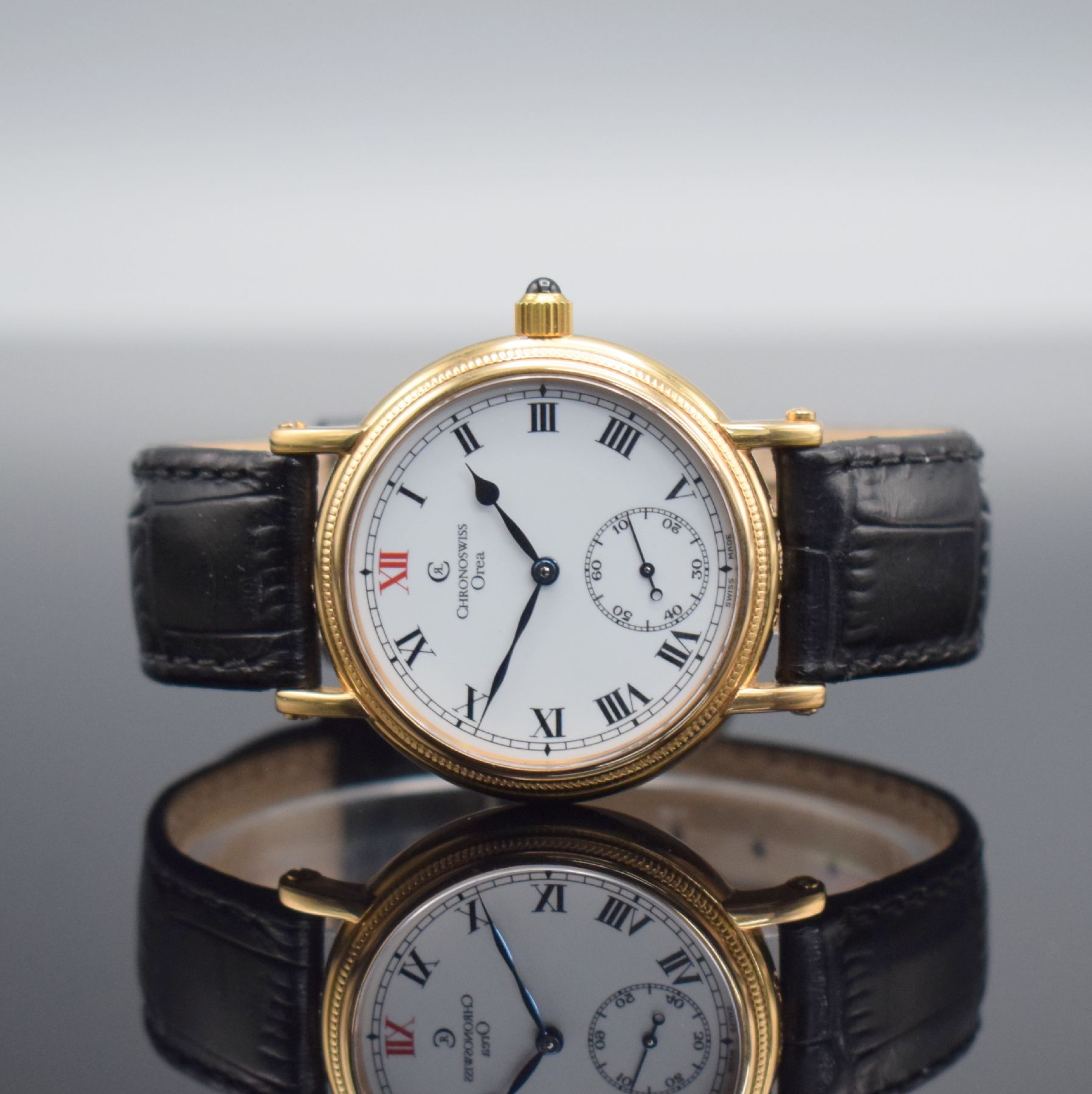 CHRONOSWISS seltene Herrenarmbanduhr Orea in Roségold 750/000 Referenz CH 1161 R, Handaufzug, Schweiz um 2010, beids. vergl., Ränder kannel., Boden ...