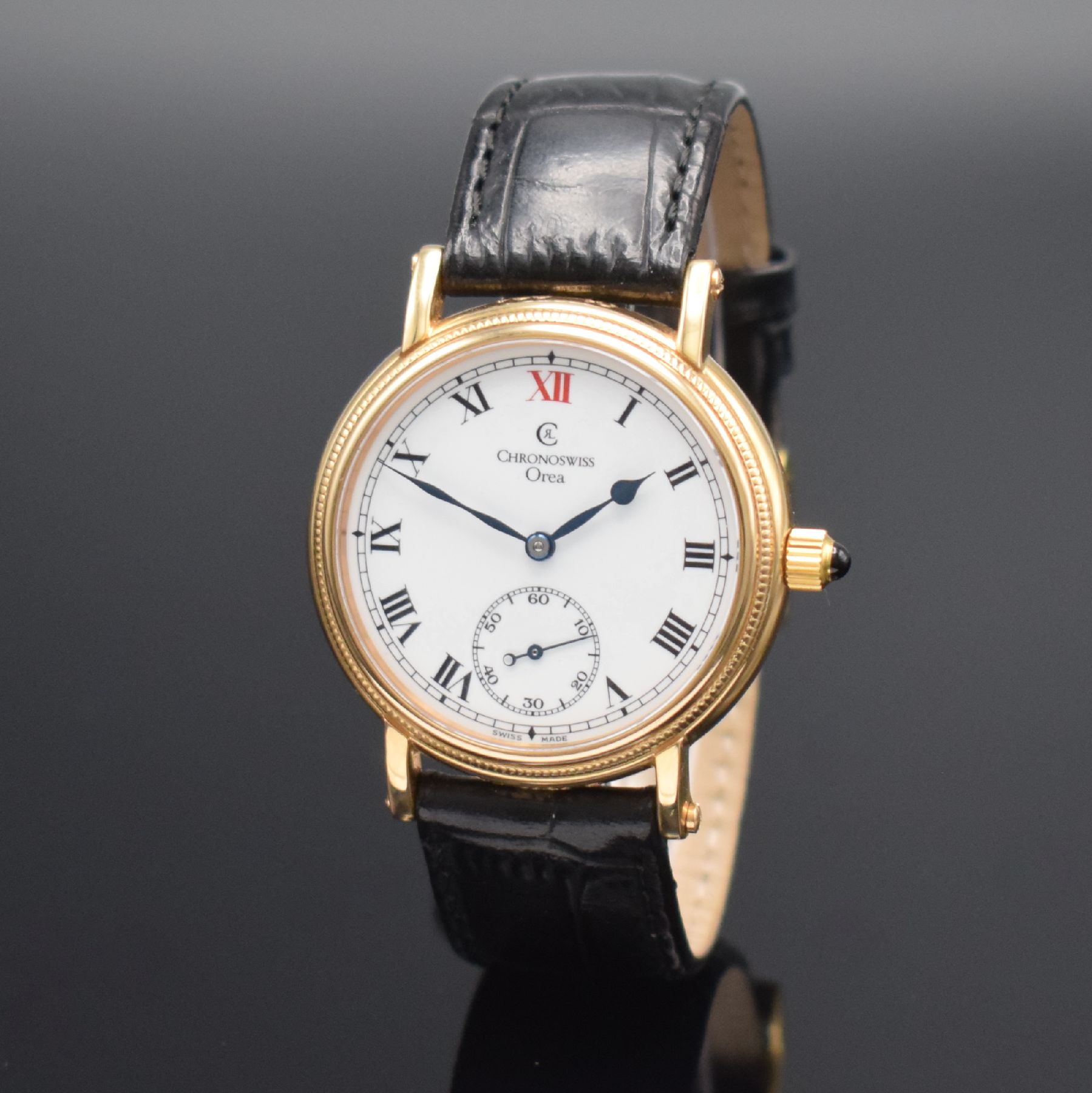 Detail b: CHRONOSWISS seltene Herrenarmbanduhr Orea in Roségold 750/000 Referenz CH 1161 R, Handaufzug, Schweiz um 2010, beids. vergl., Ränder kannel., Boden ...