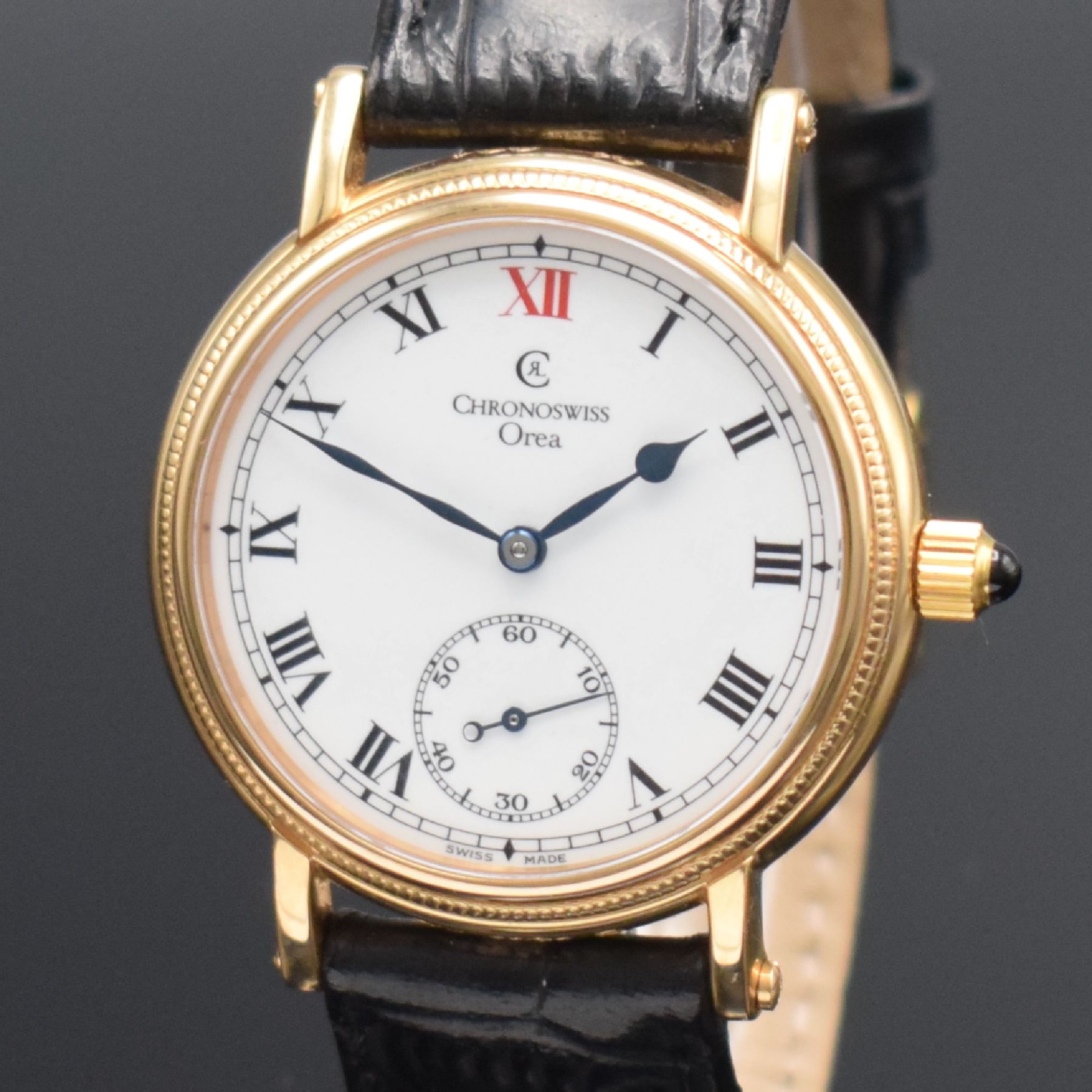 Detail c: CHRONOSWISS seltene Herrenarmbanduhr Orea in Roségold 750/000 Referenz CH 1161 R, Handaufzug, Schweiz um 2010, beids. vergl., Ränder kannel., Boden ...